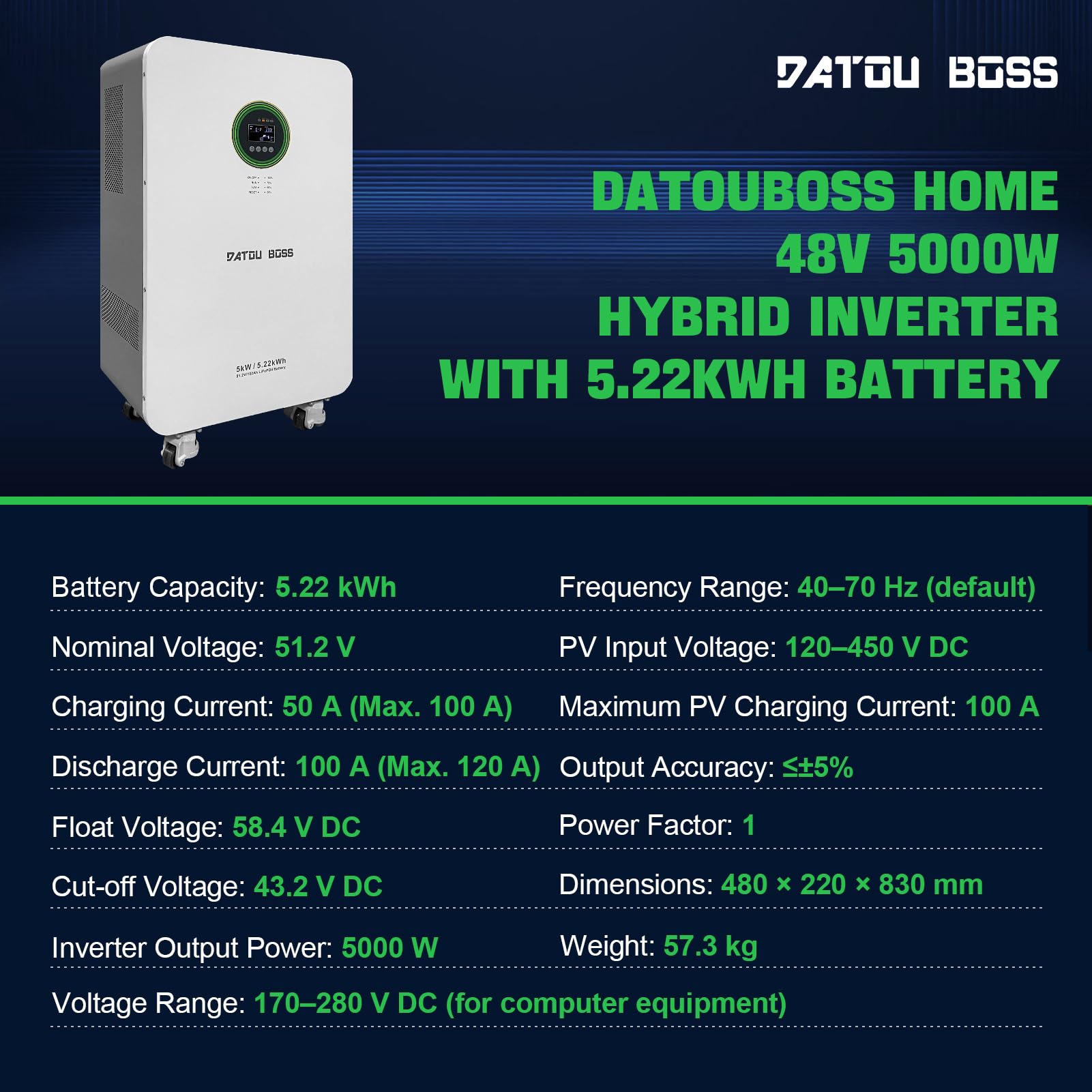 DATOUBOSS 5000W Inverter Ibrido Solare 48V+Batteria LiFePO4 48V 102Ah 5,22 kWh,6000+cicli,integrata BMS,ideale per Solare, Off-Grid,Centrale Elettrica.
