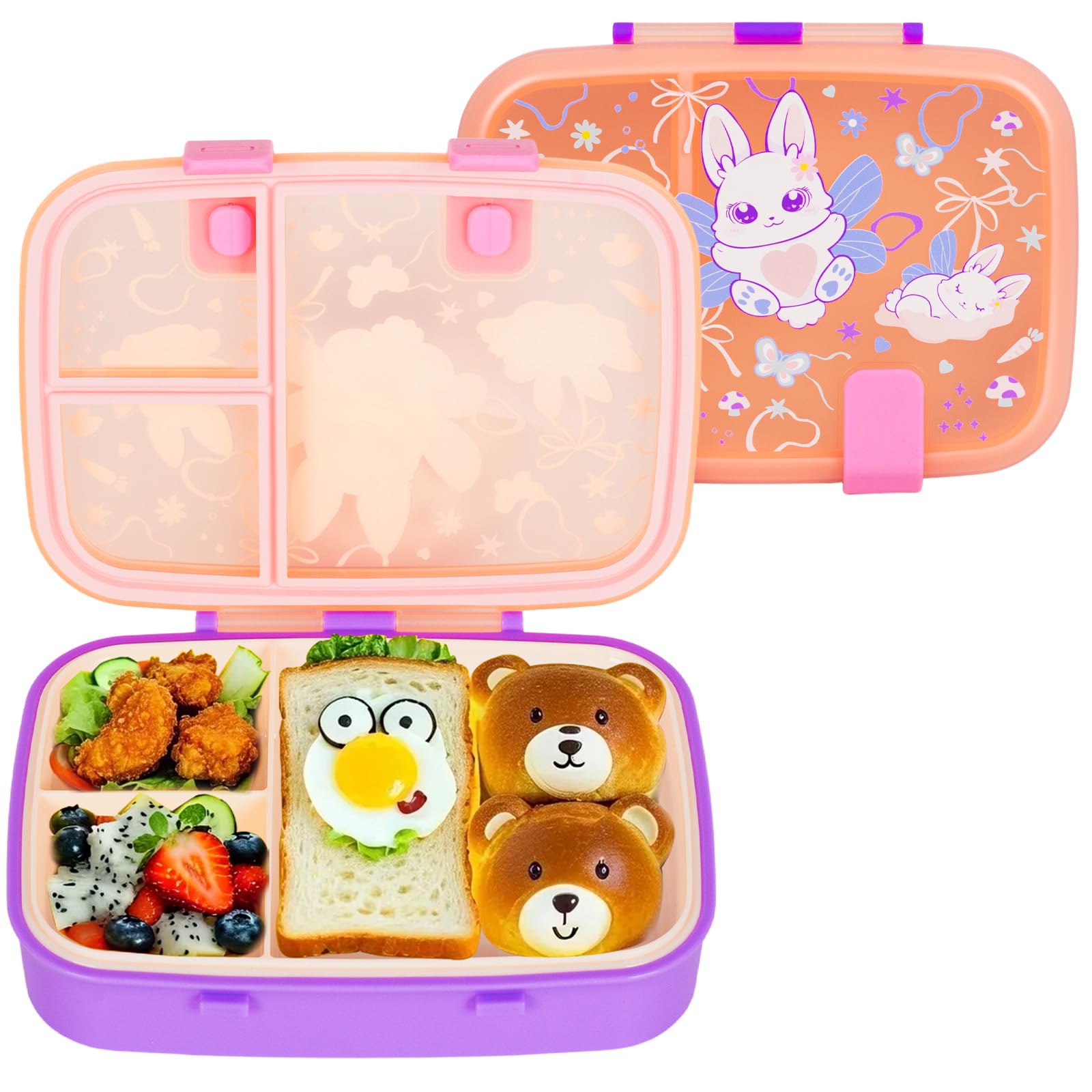 PinkSheep Bento Lunch Boxes for Kids, 800ml BPA-Free Leak-Proof Children Food Containers with Compartments, Back to School Students Daycare Lunches Snack Container for Ages 4-8 (Rabbit)