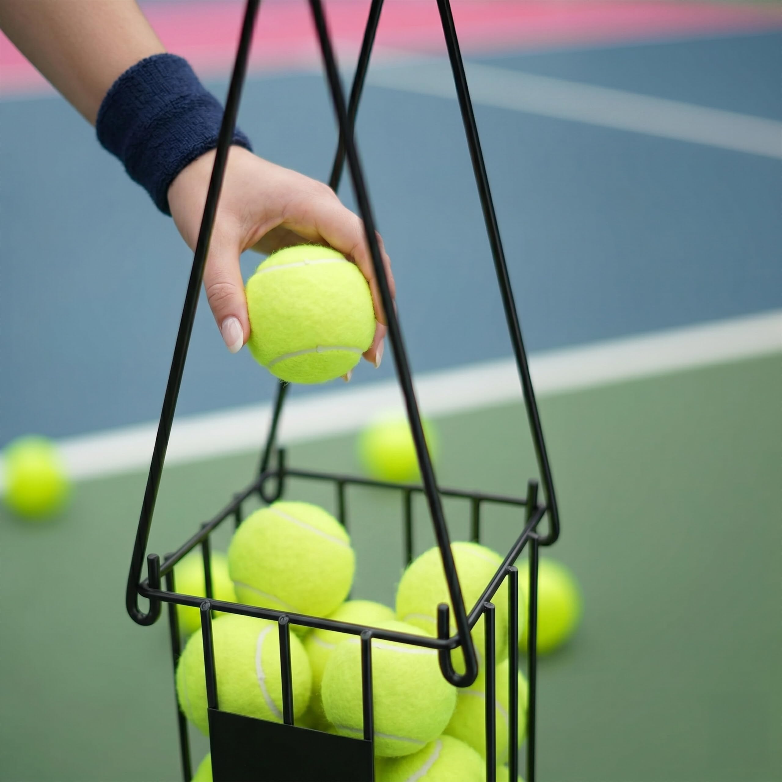 Relaxdays Tennis Korb, klappbare Griffe, Metall, HxBxT: 40,5 x 14 x 14 cm, Tennisballkorb, Tennisball Sammler, schwarz