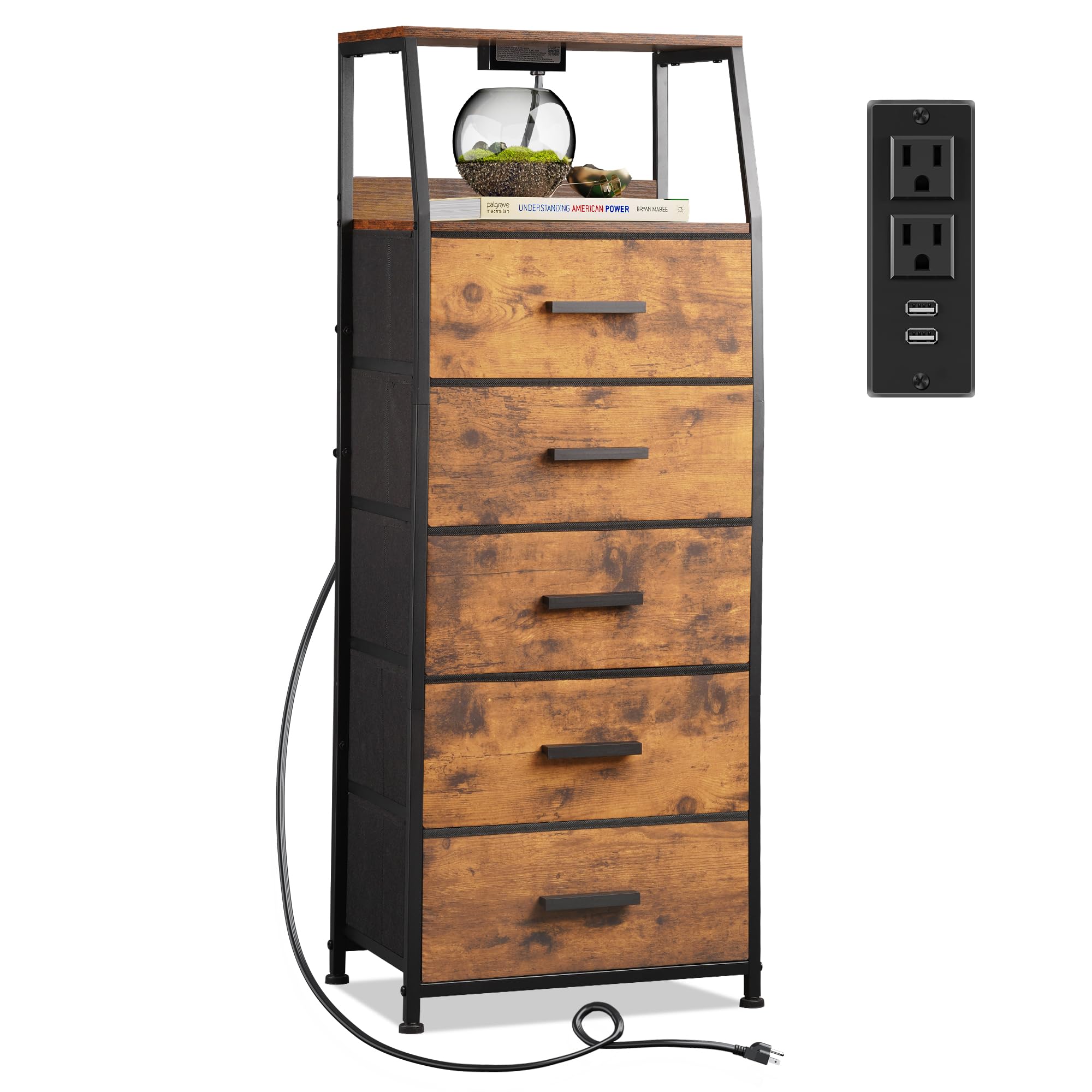 Nightstand 5 Drawer Dresser with Charging Station, Side Table with Fabric Drawers, End Table with Open Shelf, Tall Dresser for Bedroom, Hallway, Entryway (Rustic Brown)