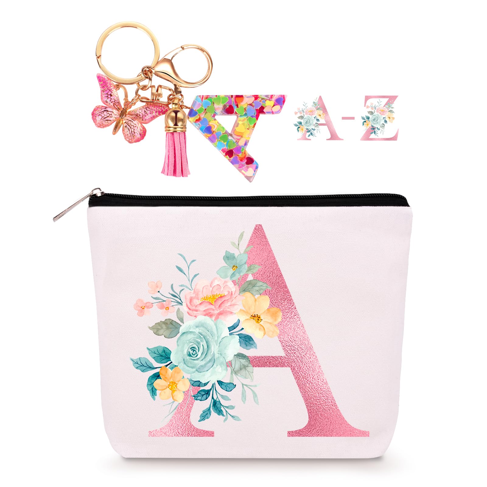 Personalized Makeup Bag with Initial Keychain, Custom Initial Monogram  Small Travel Cosmetic Toiletry Bag, Birthday Gifts for Women Bridesmaid  Teacher