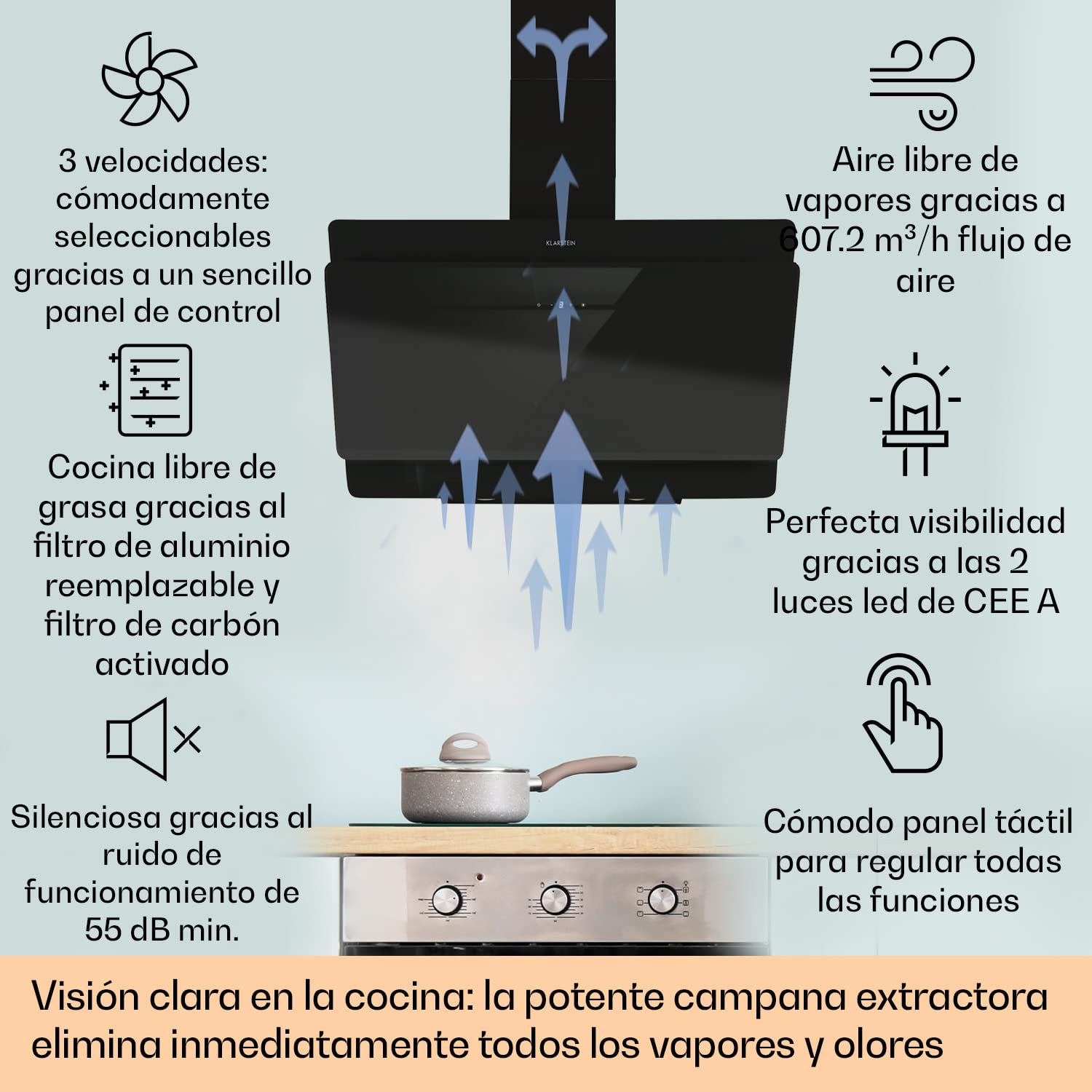 Klarstein Campana Extractora Cocina Montaje Pared con Filtro Aluminio Antigrasa para Lavavajillas, Flujo Aire 607m³/h, LEDs, Controles Táctil