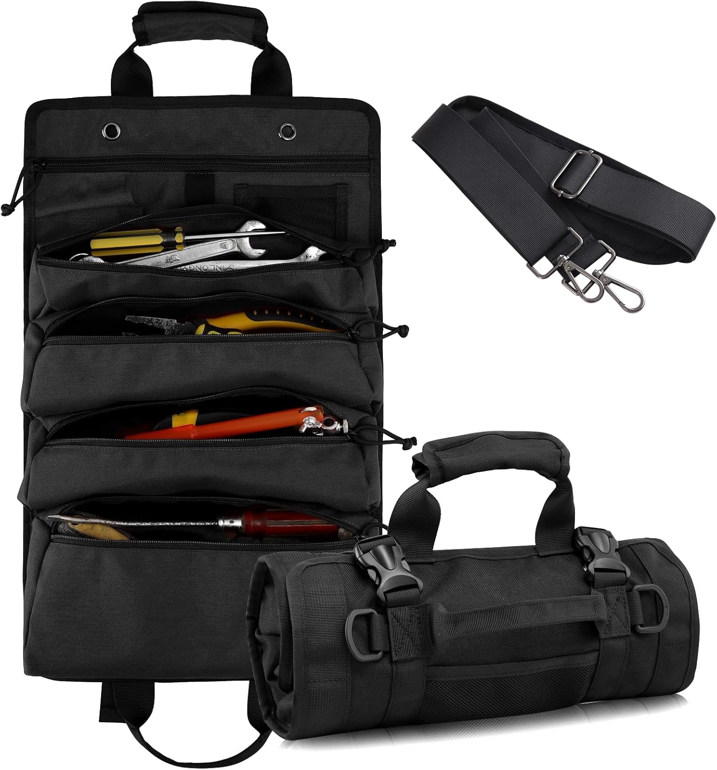Trousse à Outils Enroulable Noir Avec Boucle Réglable,22 Compartiments Et Poignée Caoutchouc