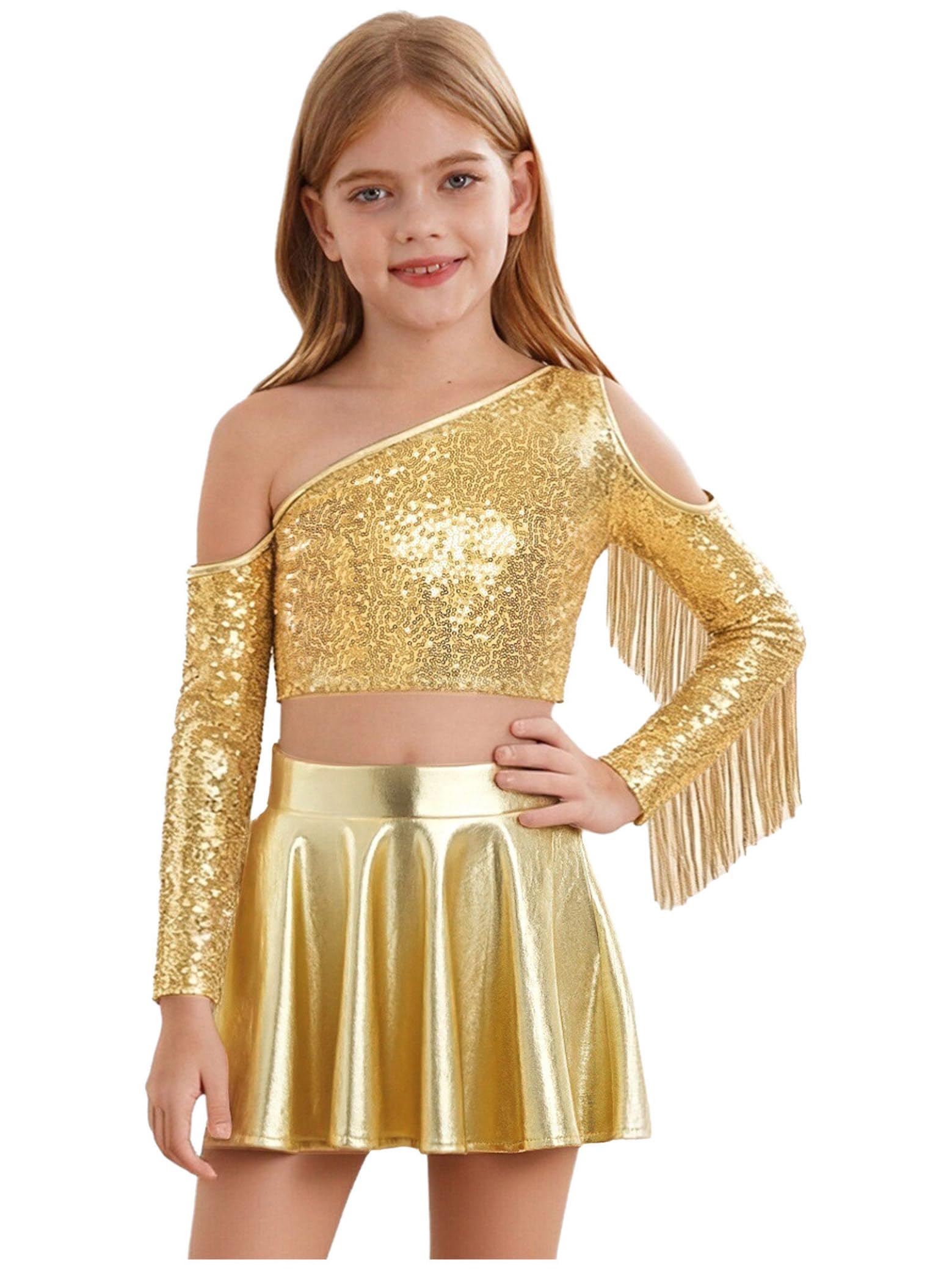 Costume performance moderne jazz or avec franges et paillettes - 8