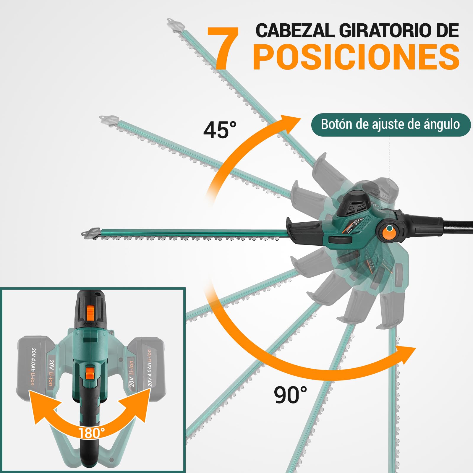 Cortasetos telescópico inalámbrico, Cortasetos inalámbrico, con batería/Cargador de Iones de Litio de 20 V y 4,0 Ah, Longitud de Hoja de 45 cm, Mango Principal Giratorio, Engranaje de Metal