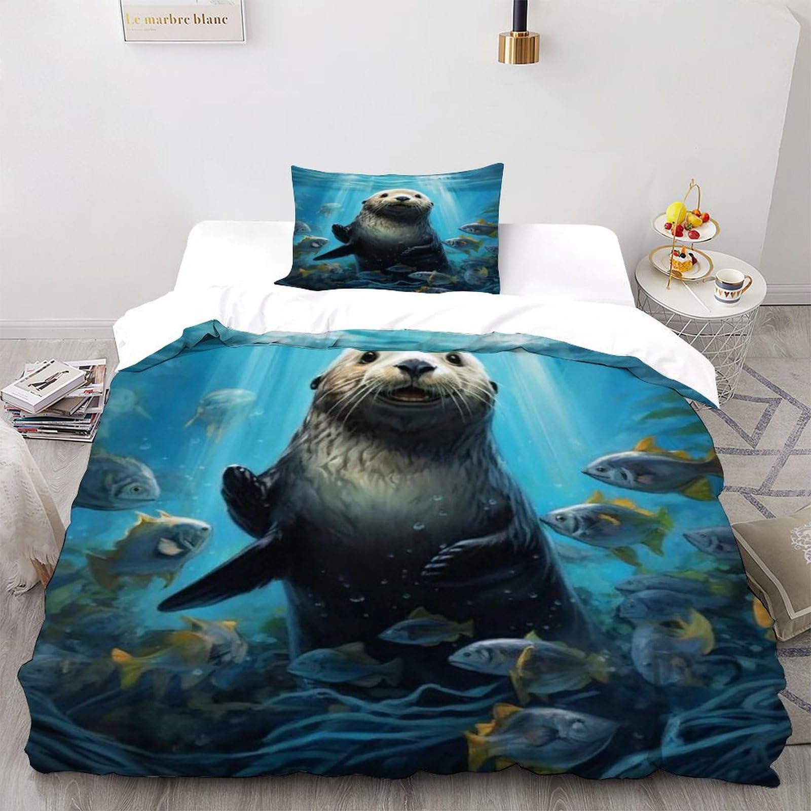 Otter Fish Bedding Set 3D Digital Printing Animal Themes Marine Animals Duvet Cover Set Microfiber Quilt Cover 2 Pieces for Boys & Girls with Pillowcase Single（135x200cm）