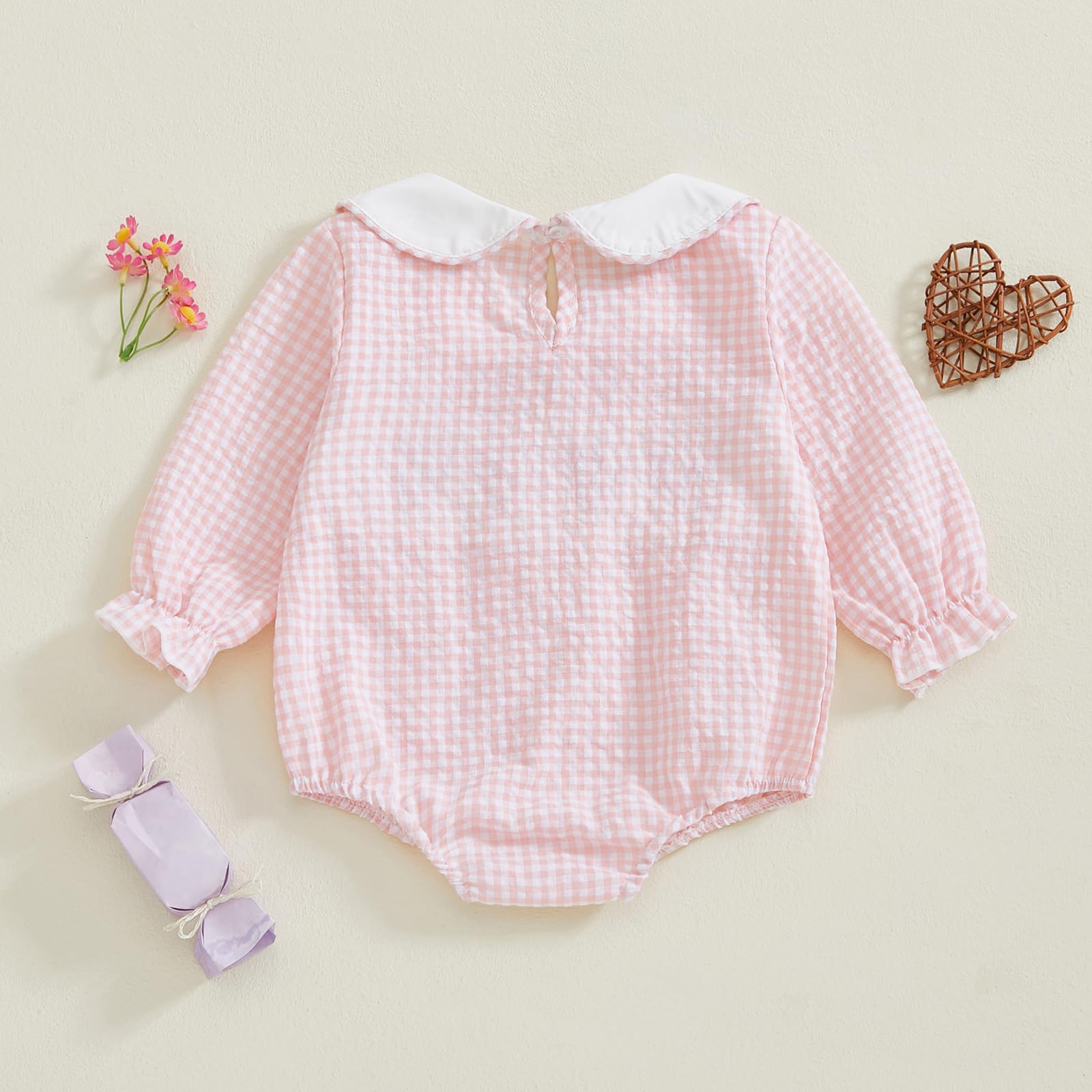 Amiblvowa Baby Girl Valentines Day Outfit Embroidery Love Heart Smocked Bubble Romper Bodysuit Cute Infant Newborn Clothes (Pink Plaid, 18-24 Months)