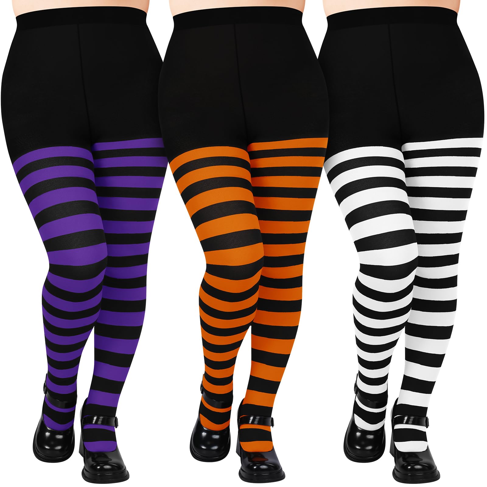 Hercicy 3 Pairs Women Plus Size Halloween Tights Striped Tights Colorful Legging Women Footed Legging for Halloween