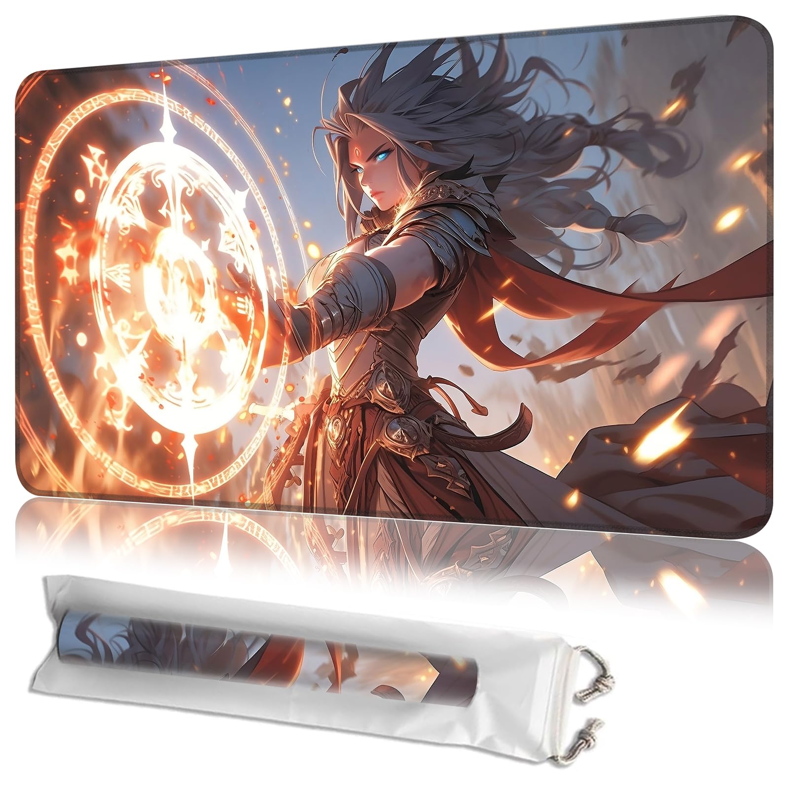 JANENFNA TCG Card Playmat 24" x 14" with Storage Bags for MTG Game Play Mats, Premium Stitched Non-Slip Rubber Tabletop Magic Play Mats Desk Duel Card Breaking Mats, Fantasy Magical Warrior — image 1
