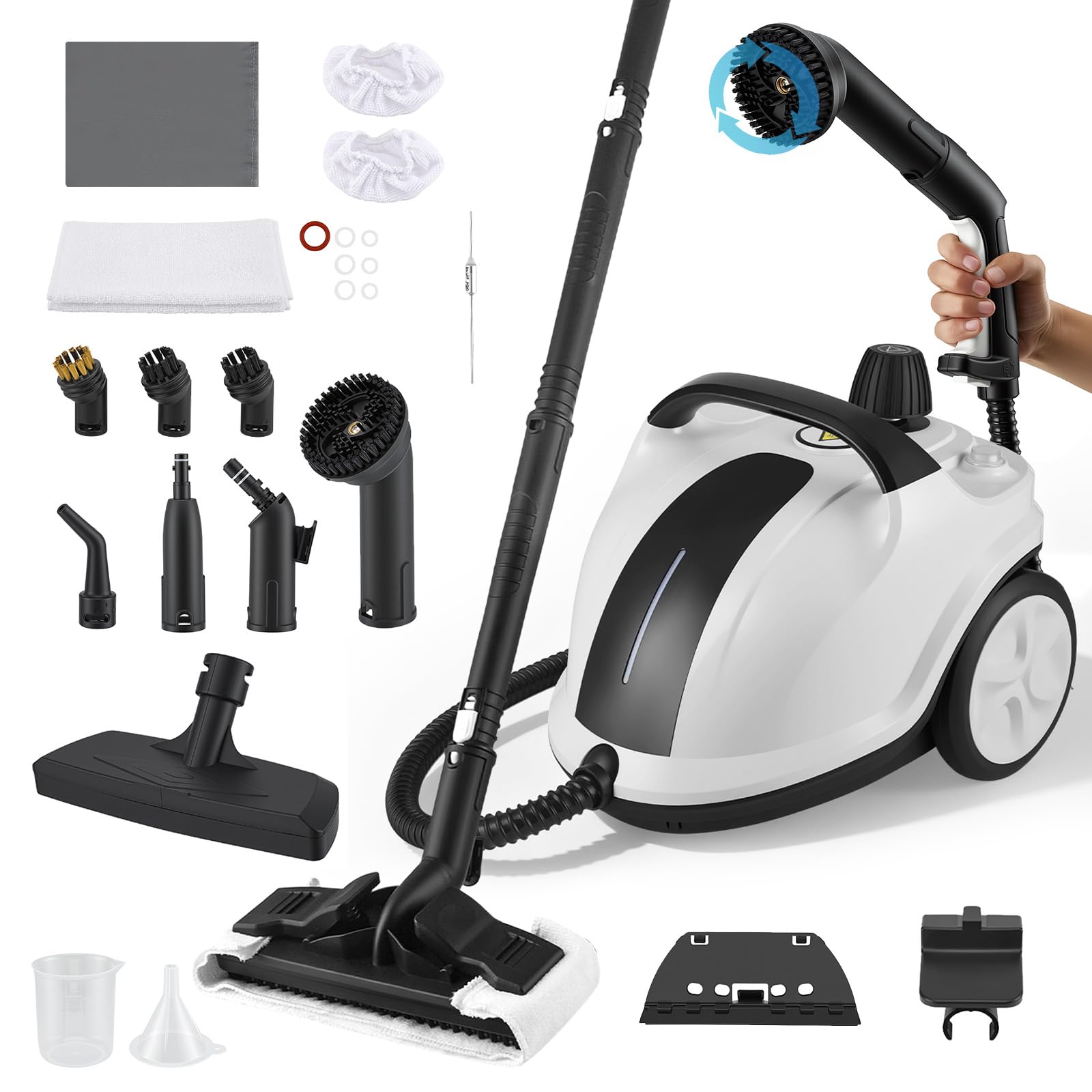 Limpiador a vapor 2000W con 5 bar de presión - Depósito de 2 litros para 100m² de superficie - Set de accesorios de 18 piezas - Limpiador a vapor portátil con cabezal de cepillo giratorio