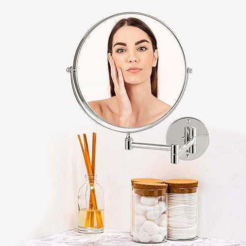 Miniatura 8 de Ovente Espejo de maquillaje para montaje en pared de 9 pulgadas lupa 1X y 7X reflejo redondo giratorio ajustable de doble cara extensible brazo