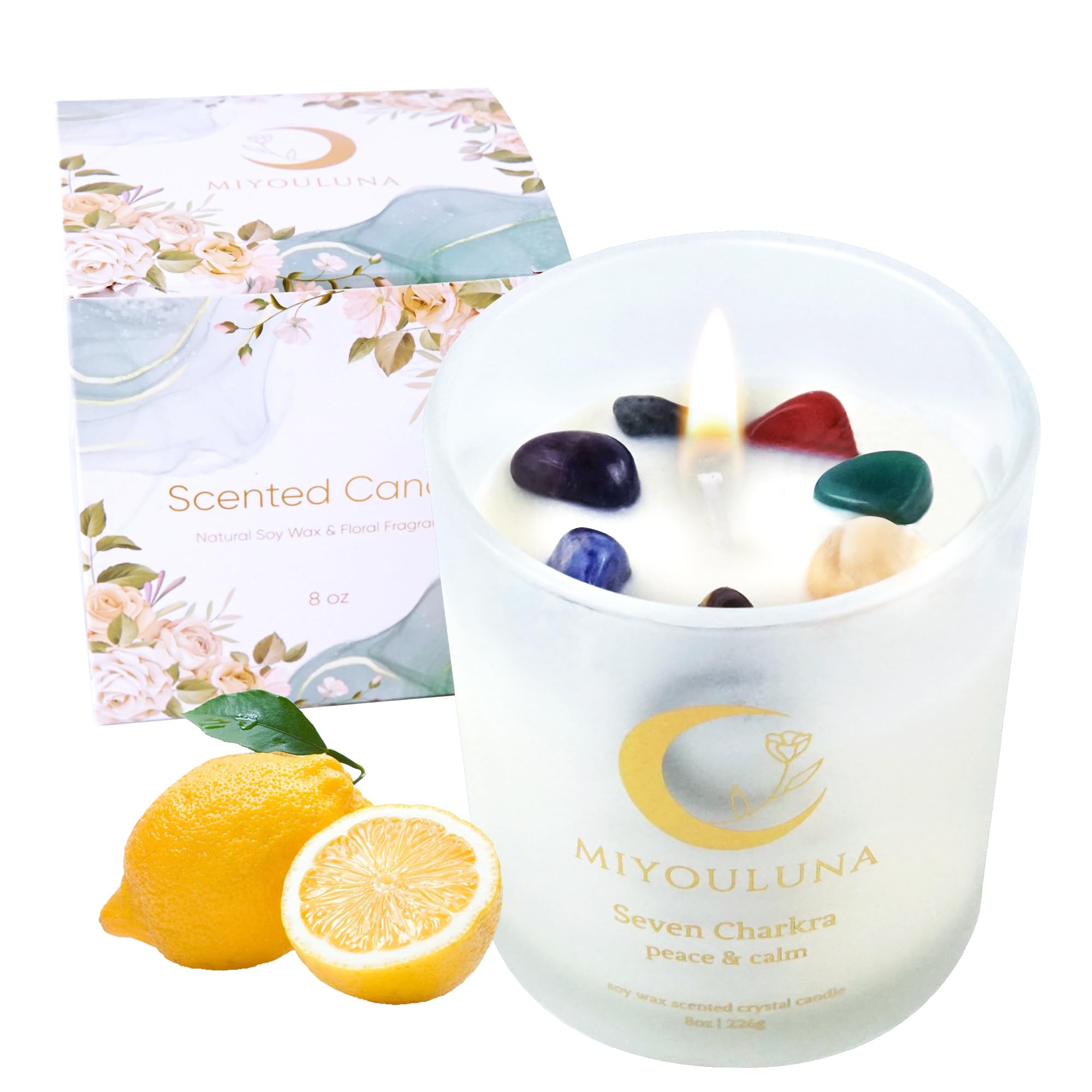 Lemon Aromatherapy Candle with Crystals, 8oz 100% Natural Soy Wax, 40H Burn, Ideal Scented Gift for Women, Moms, and Men - Great for Birthdays and Home Relaxation