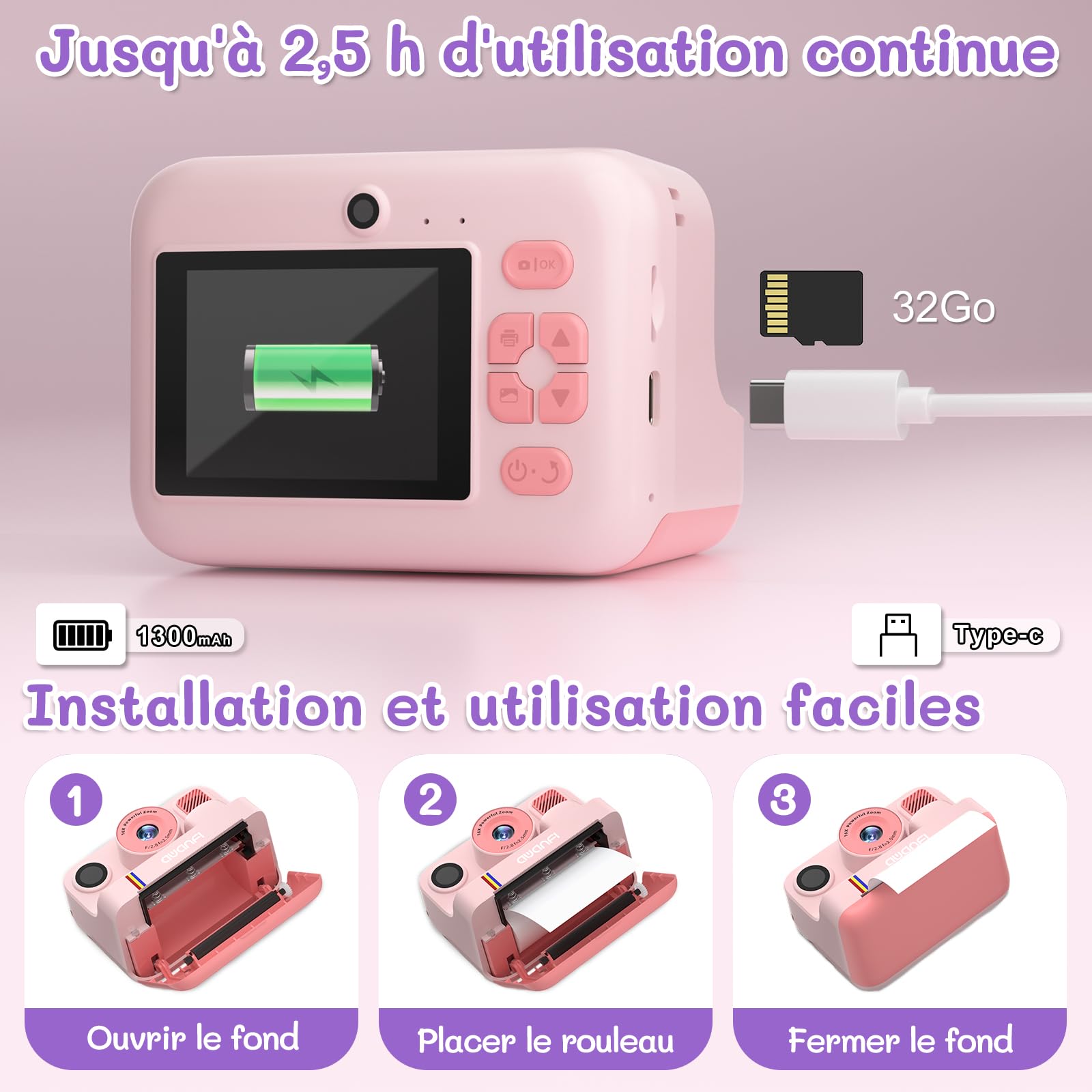Appareil Photo Instantané Enfant Cadeau Jouet Fille Garçon 3-12 Ans, AWANFI Caméra Numérique Vidéo 1080P Carte 32GB avec 3 Rouleaux de Papier et Impression APP Bluetooth