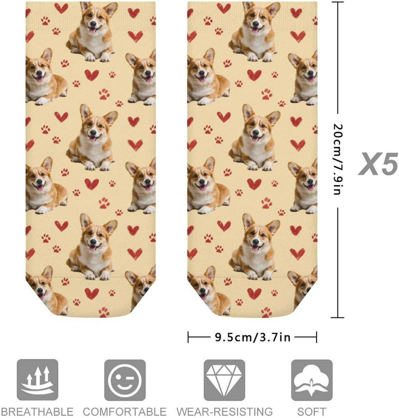 Cute Corgi Dog Paw Socks for Men Women 5 Pairs Ankle Socks