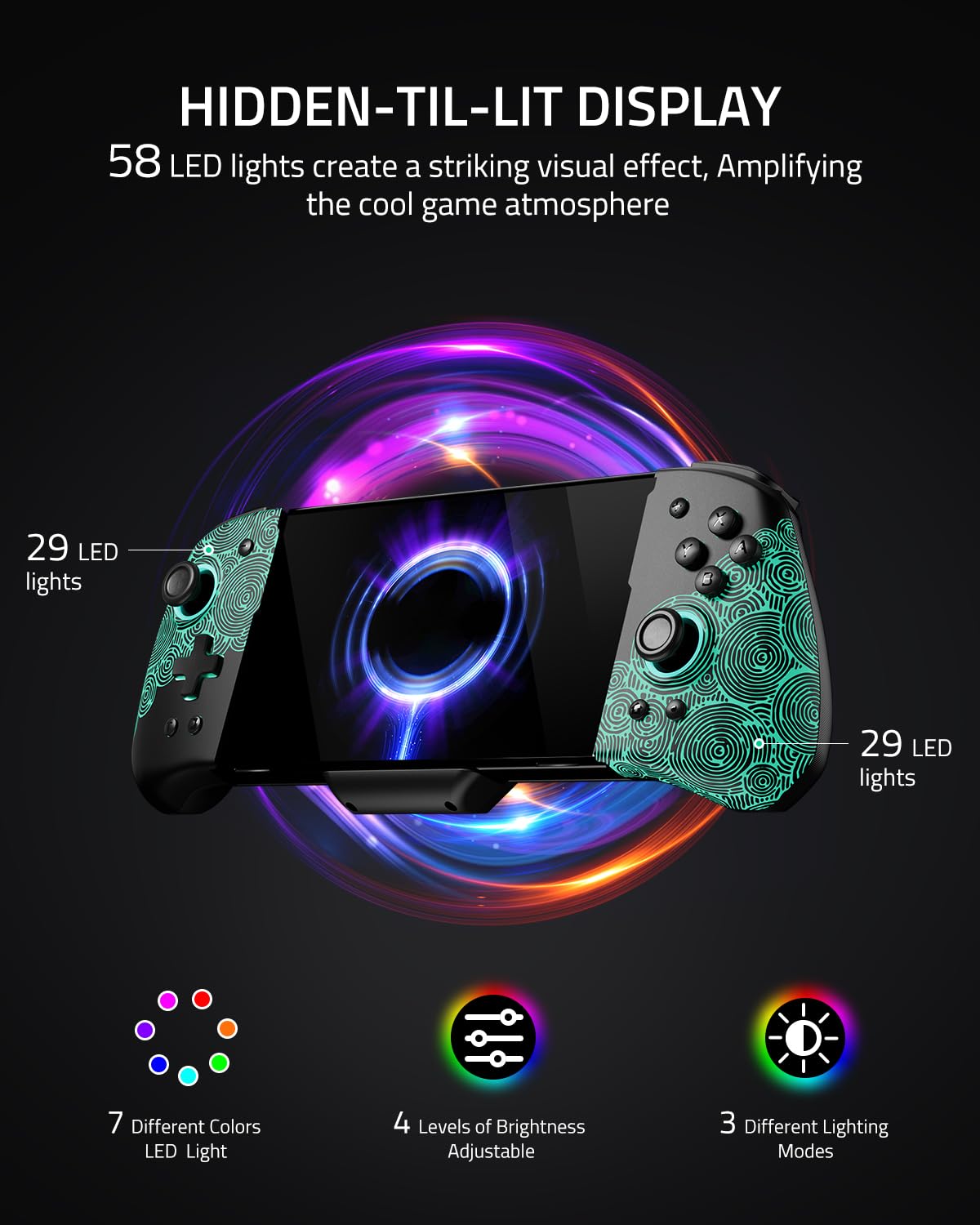 FUNLAB Switch Handheld Controller Hall Effect Compatible with Nintendo/OLED, Luminous Switch Joypad Controller Customizable, Ergonomic Switch One-Piece Joypad Controllers Replacement - 7 LED Colors/Turbo/Mapping