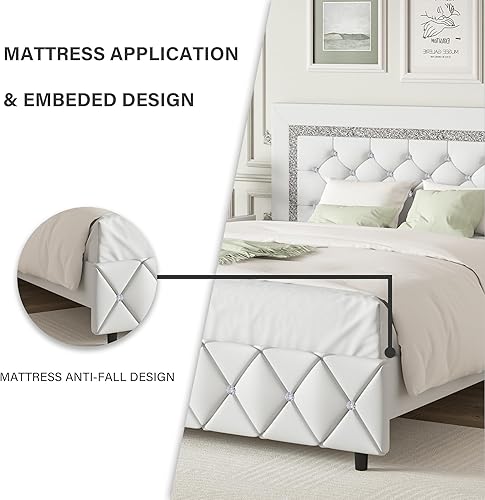 Miniatura 62 de BarnFurin - Base de cama matrimonial con cabecera capitoné, plataforma tapizada con diseño de diamante, base de colchón, soporte de listones de