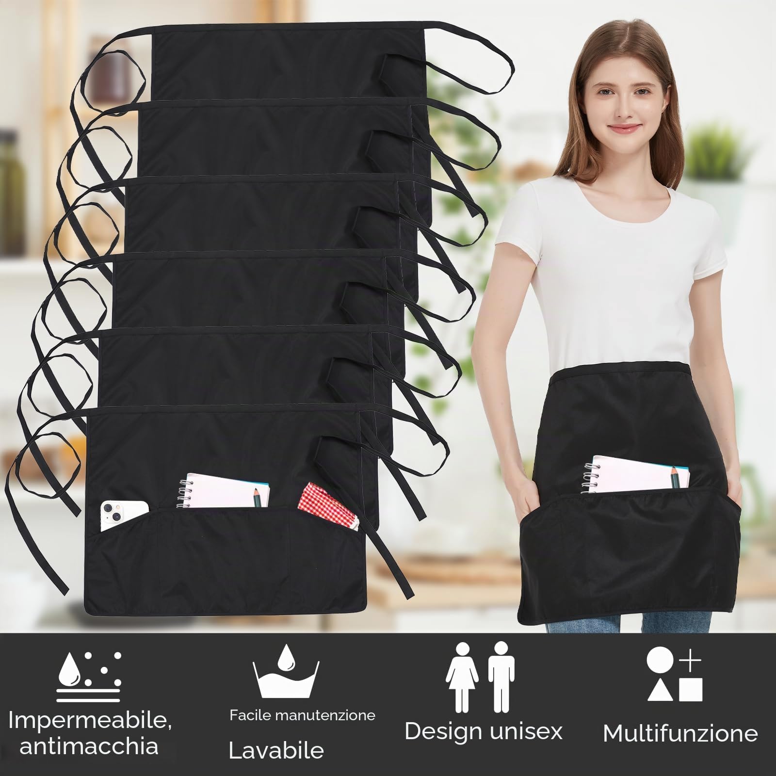 6 Pezzi Grembiuli, Mezzo Grembiuli da Cucina con 3 Tasche, Impermeabile Chef Grembiule per Uomini Donne, Grembiule Corto Cameriera Cameriere, Grembiule per Bistrot, Bar, Ristorante