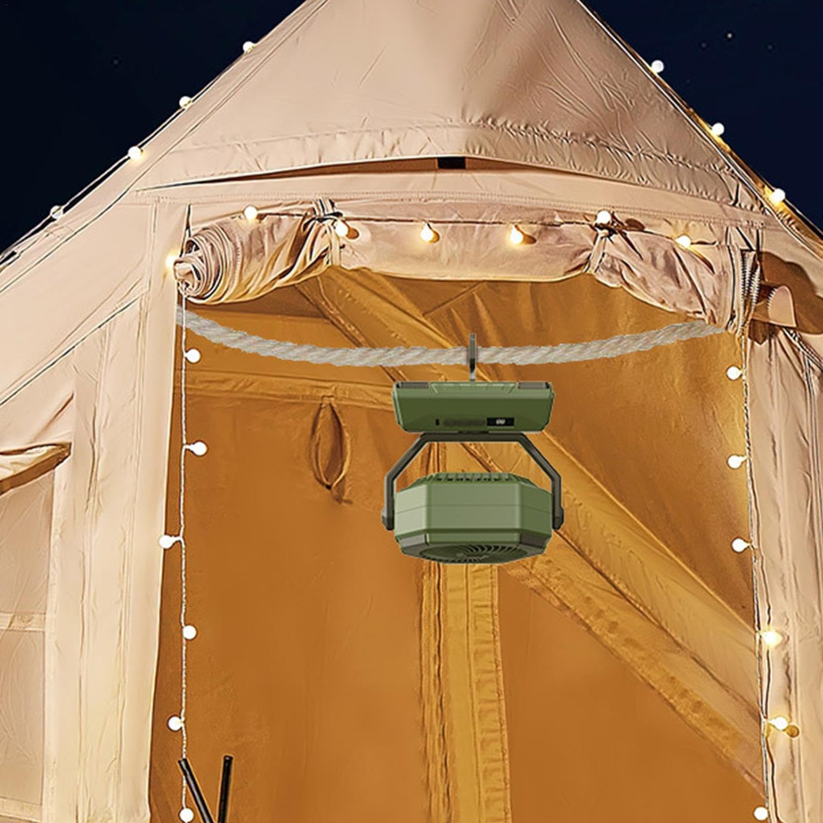 Ventilatore da campeggio per esterni, ventilatore da scrivania portatile | ventilatore da tavolo a batteria, 3 velocità, dispositivo di raffreddamento ricaricabile con luce e gancio per picnic,