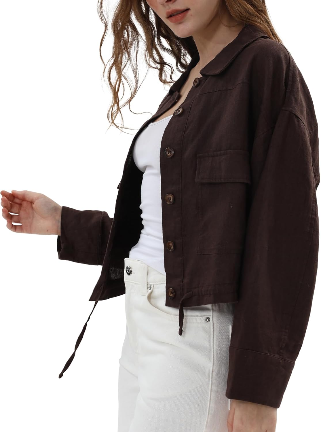 Amazhiyu Womens 100% Linen Crop Cargo Jacket Button Down Long Sleeve Coat Casual - Image 3