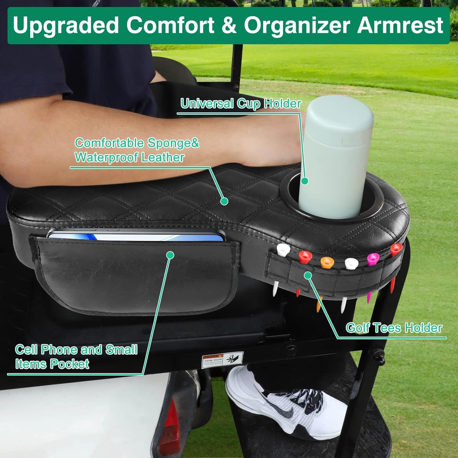 Golf Cart Diamond Armrest with Cup Holder for Rear Seat, Upgraded Stable Triangle Support Frame No Drilling for EZGO Club Car DS Precedent Yamaha Golf Carts Arm Rest with 1" Side Square Tube - Image 2