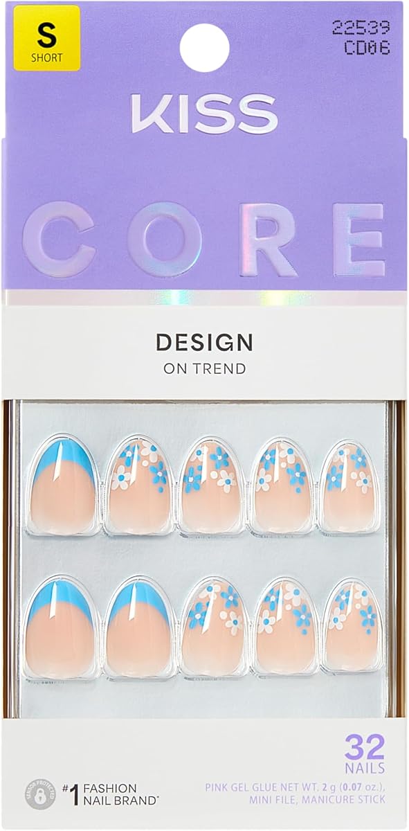 Kiss Core, Press On Nails, Nail glue included, 'Tune', Blue, Short Size, Almond Shape, Includes 32 Nails, 2g Glue, 1 Manicure Stick, 1 Mini File