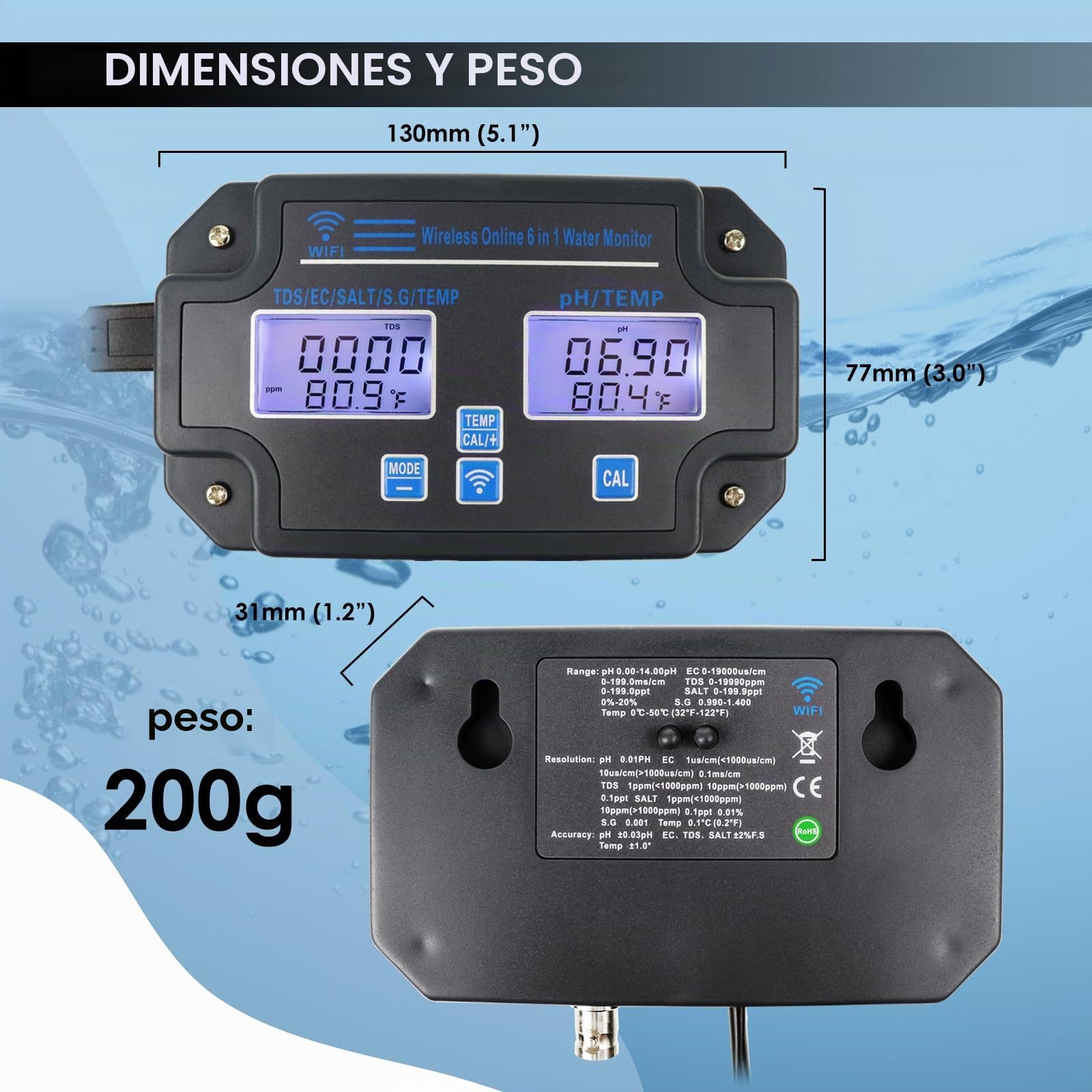 Probador de Calidad de Agua Inteligente 6-en-1 – Monitor WiFi/App para pH, EC, TDS, Temperatura, SG y Sal | Alertas en Tiempo Real | Perfecto para Hidroponía, Acuarios, Piscinas y Agua Potable