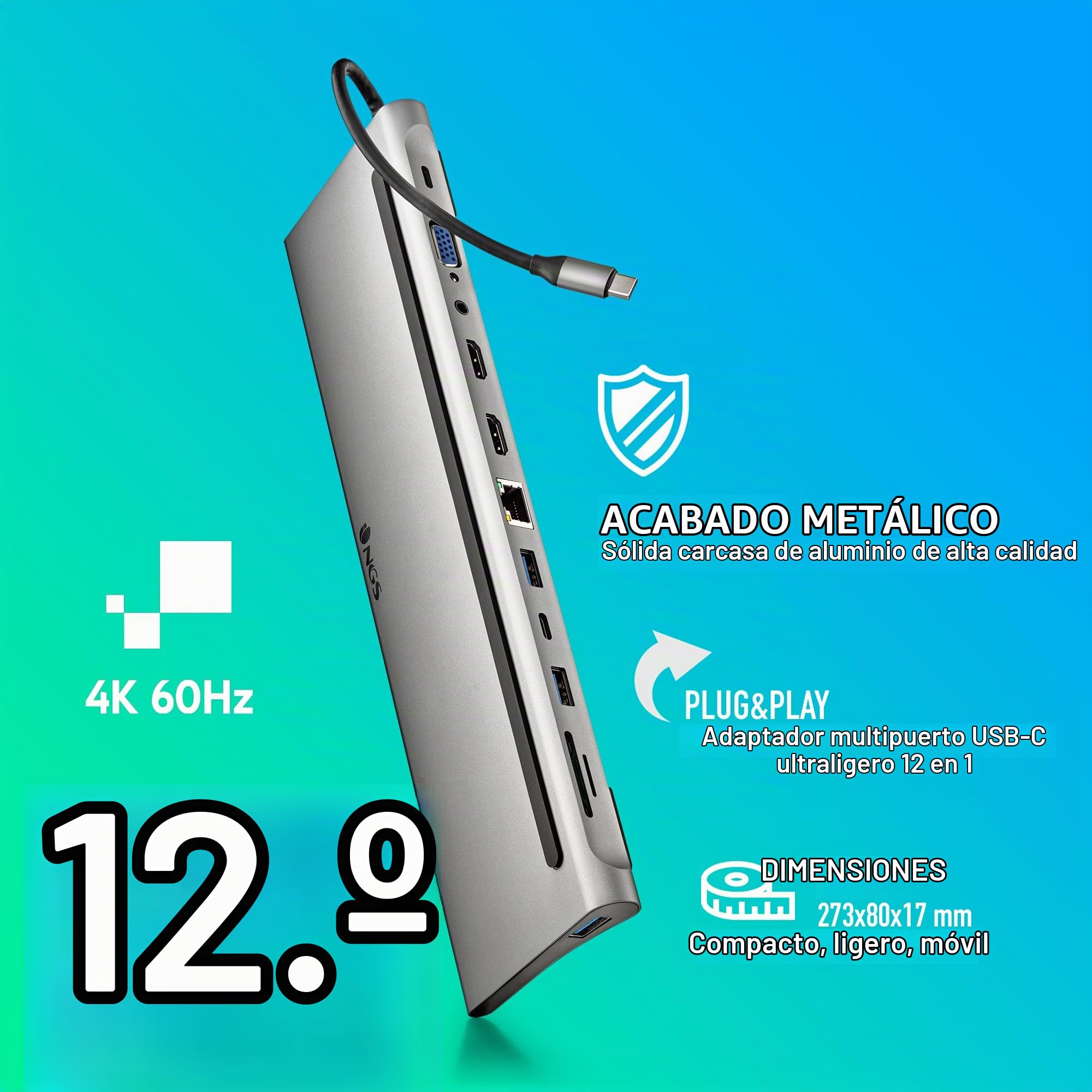 NGS Wonder Dock 12- Adaptador Multipuerto USB-C 12 en 1. Carga rápida | USB 2.0, 2x USB 3.0, 2x HDMI, VGA, entrada de audio, PD (Power Delivery), RJ45 (Ethernet), USB-C y ranura SD/TF