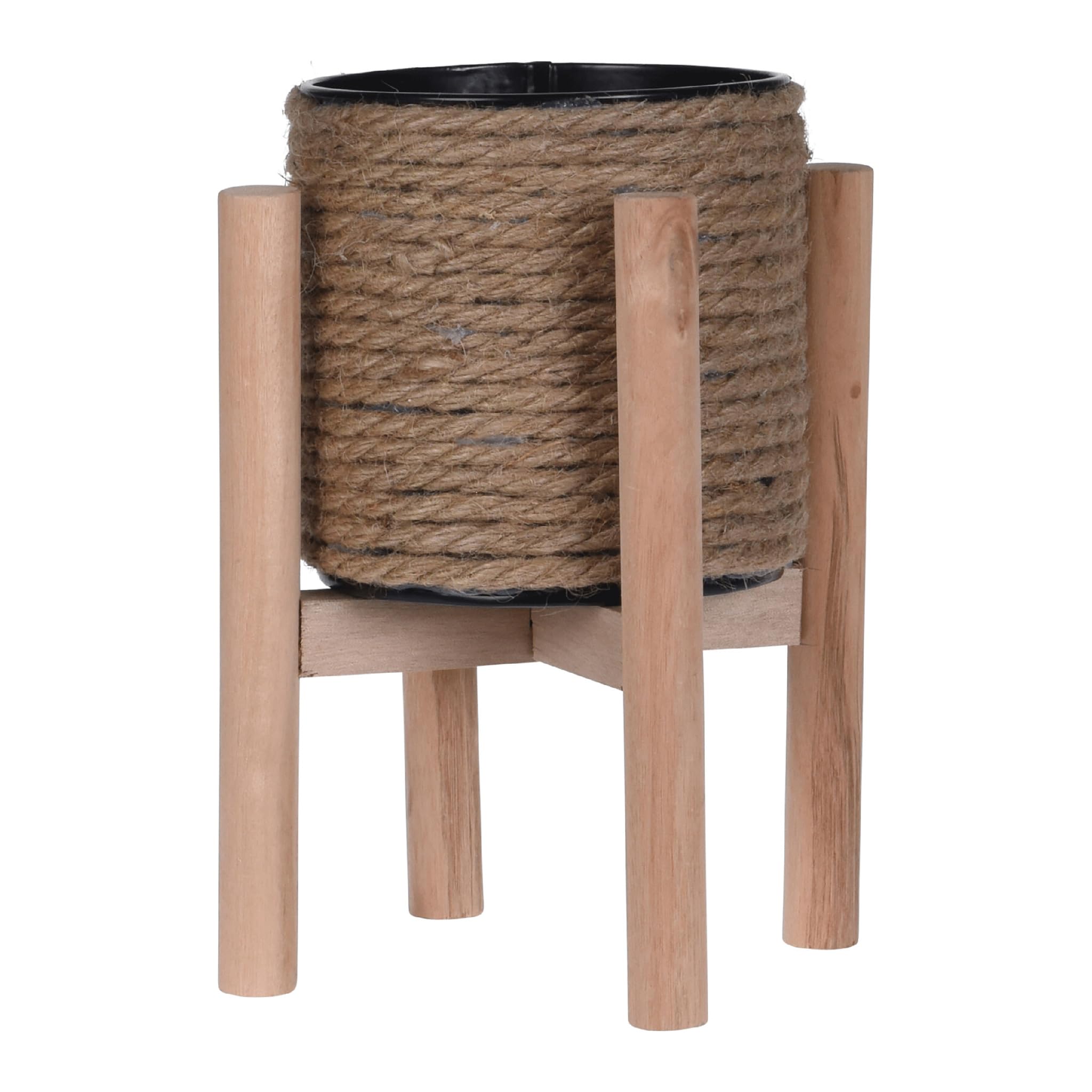 PROGARDEN Macetero con soporte, 14,5 x 23 cm, metal y yute, madera, 1 unidad, maceta para plantar, maceta exterior e interior, maceta decorativa para jardín, color marrón