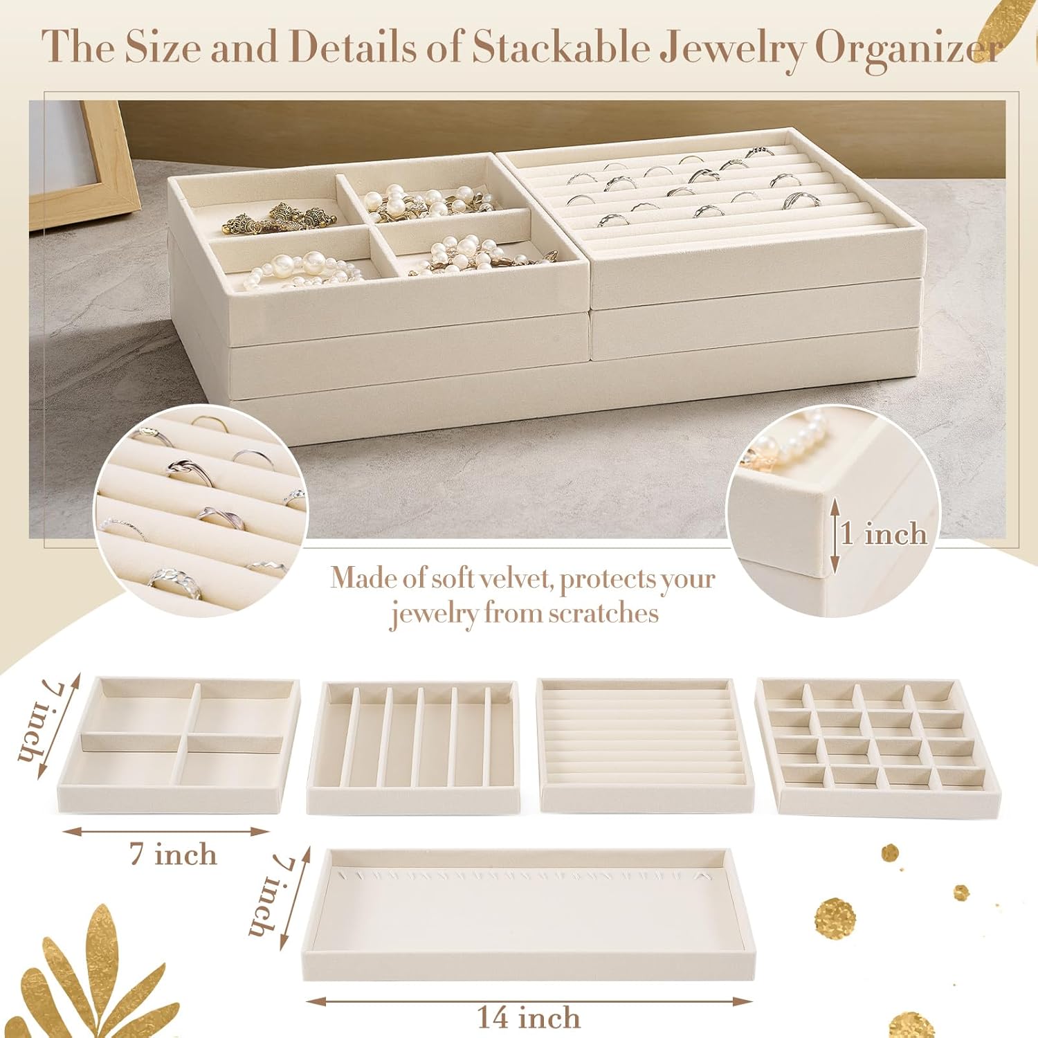 Set of 10 Stackable Jewelry Organizer Trays for Drawer 14 Inch Velvet Jewelry Drawer Insert Display Storage with Removable Divider for Necklace Earring Ring Watch Bangle Bracelet(Beige)