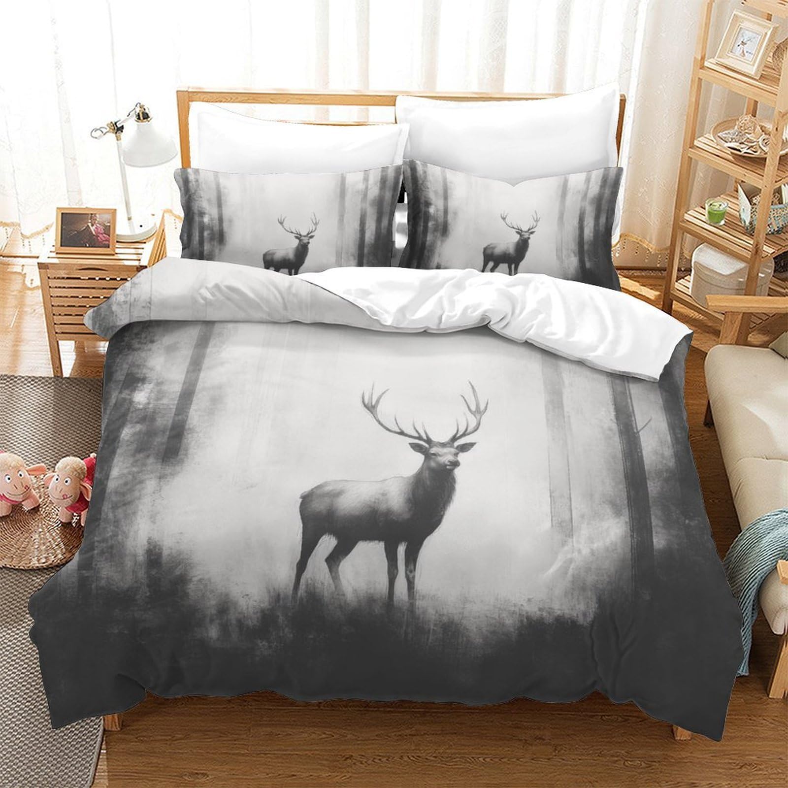GXYUAOIEF Stag in Misty Forest Duvet Cover 3-Piece 3D Printed Black-and-white Texture Microfiber Quilt Cover With 2 Pillowcases with Zipper Closure for Boys Girls Kids Youth Teens Double（200x200cm）