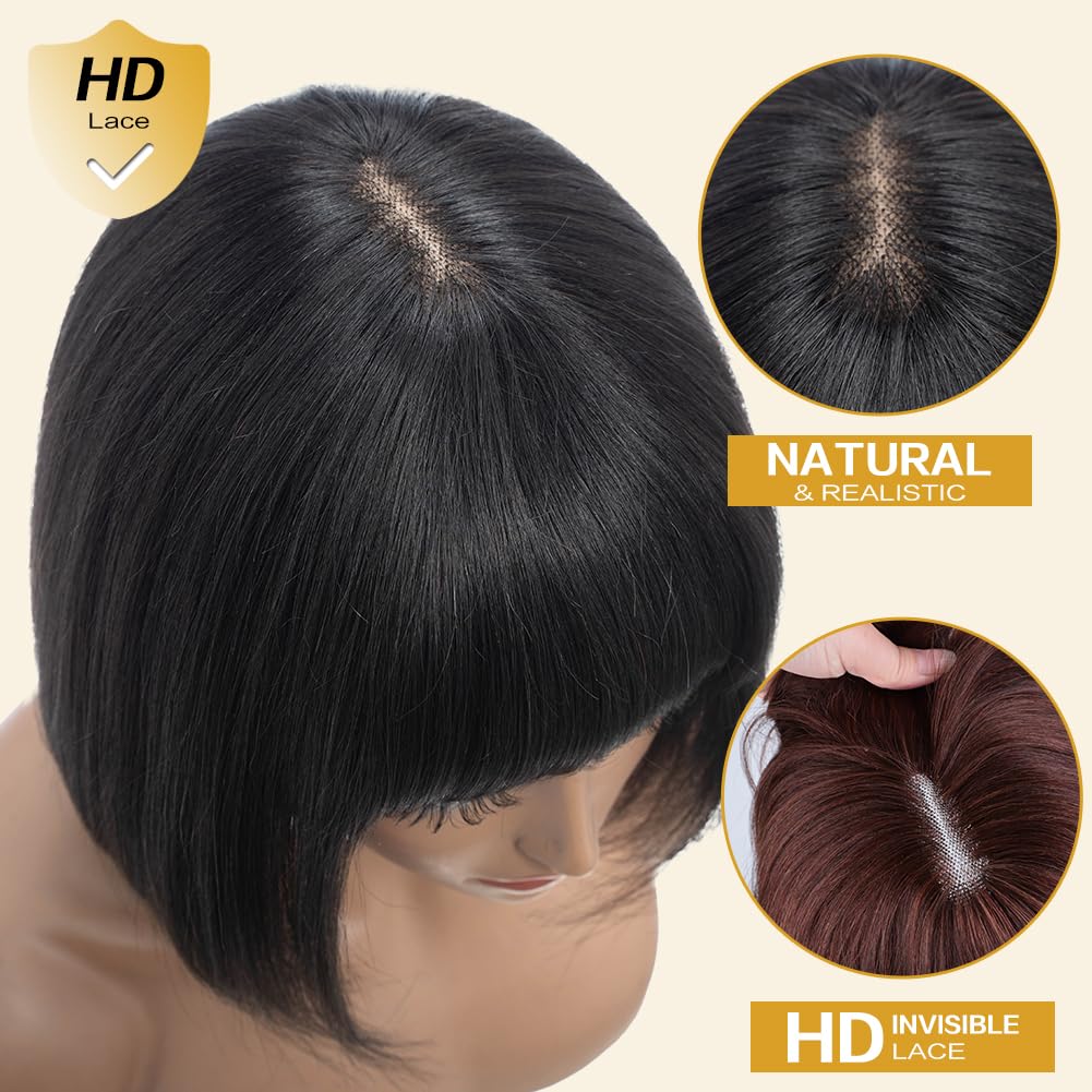 Bob Human Hair Wig With Bangs For Women Hd Top Lace Glueless Short Straight Bob Wigs 2x1 Lace Scalp Machine Made Wig (33A, 10 inches) - Image 2