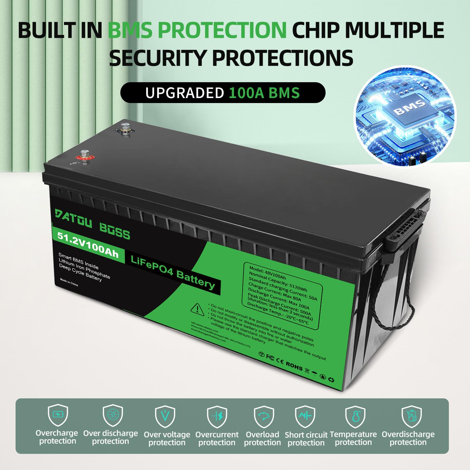DATOUBOSS Batteria LiFePO4 da 48V 100Ah batteria al litio da 5120Wh con migliorata 100A BMS, 5000-15000 cicli di profondità, supporto in serie/circuito parallelo, per camper, pannello solare, marino