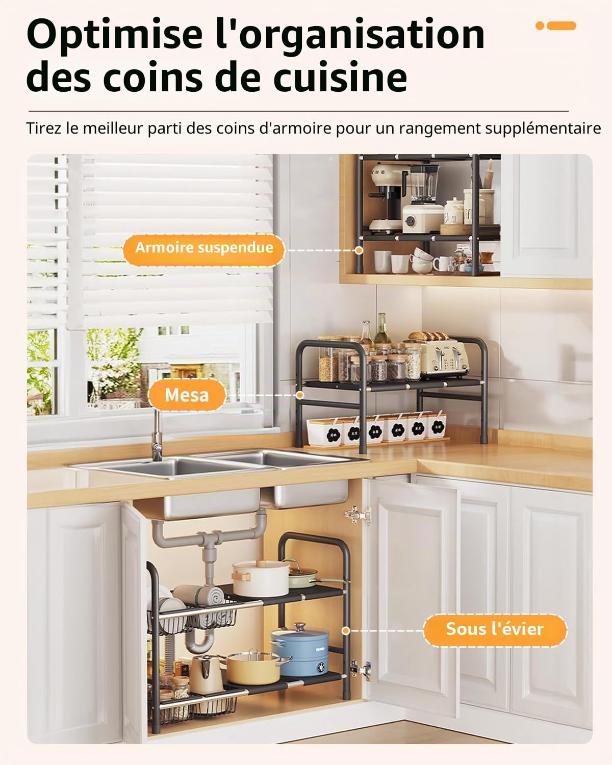 Rangement et Organisation de Cuisine – Dimensions Ajustables 49 x 25 x (52,5~88) cm, Étagère Extensible sous Évier en Acier Inoxydable (8 Panneaux)