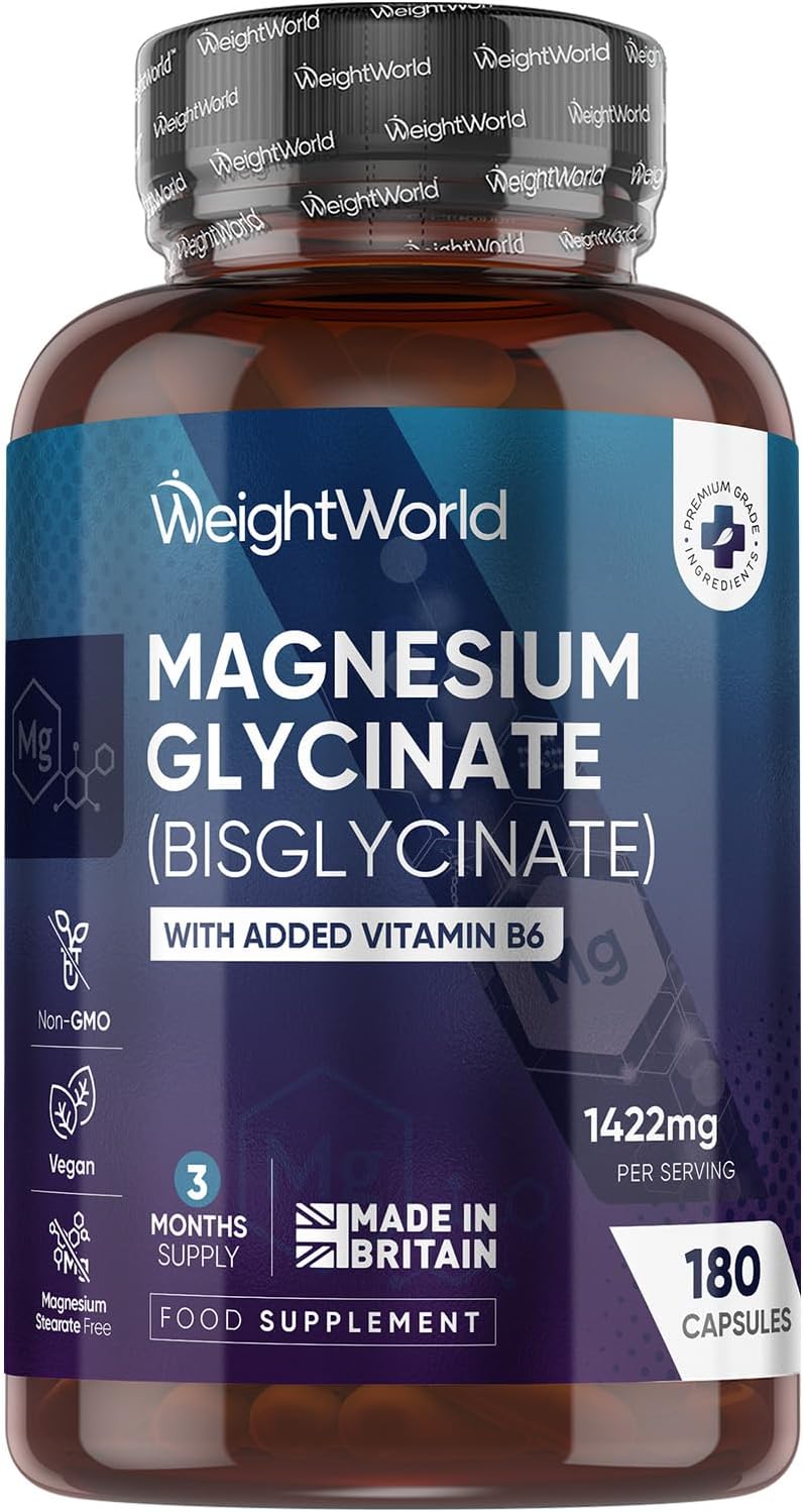 WeightWorld Magnesium Glycinate 1422mg | with Added Vitamin B6 | 180 Vegan Capsules | 3 Months Supply | Non-GMO & GMP- Approved Magnesium Supplements for Men & Women | Made in The UK