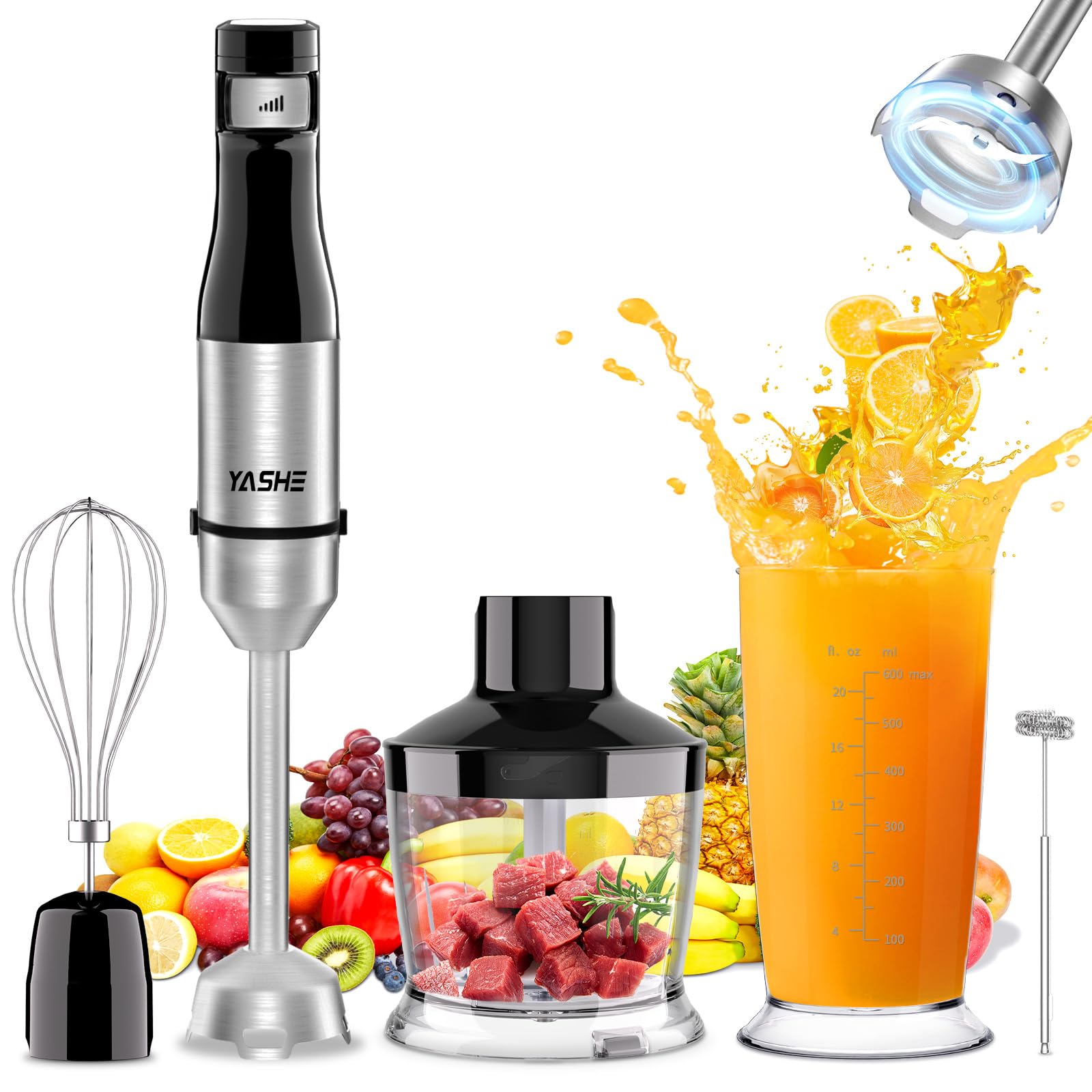 YASHE Frullatore a Immersione, 5 in 1 in Acciaio Inox, 1000 W, Velocità Regolabile Continuamente, con Tritatutto, Frusta e Bicchiere Dosatore – Ideale per Alimenti per Bambini, Salse e Zuppe