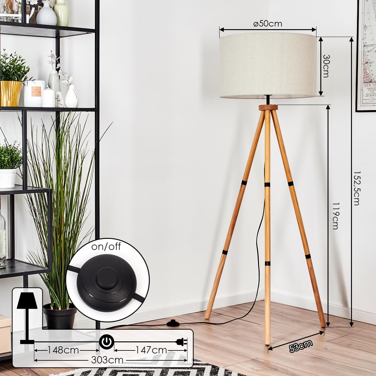 HOFSTEIN Stehleuchte Flemming, Stehlampe aus Holz/Metall im modernen Boho-Design, Schirm aus Stoff, Ø 50 cm, 152,5 cm, E27, Fußschalter - Wohnzimmer, Schlafzimmer, Esszimmer, Flur