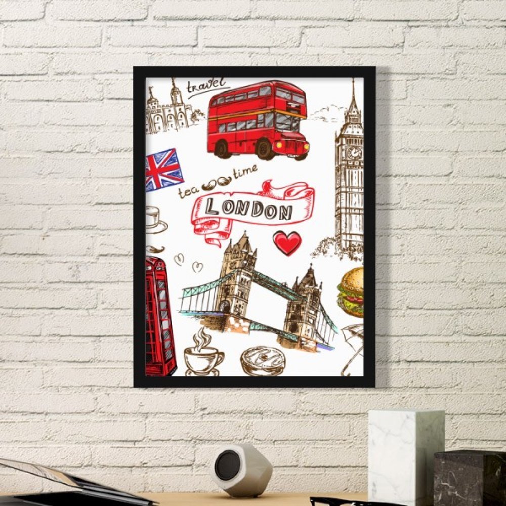 Cadre photo noir avec motif Londres et bus pour décoration murale de petite taille