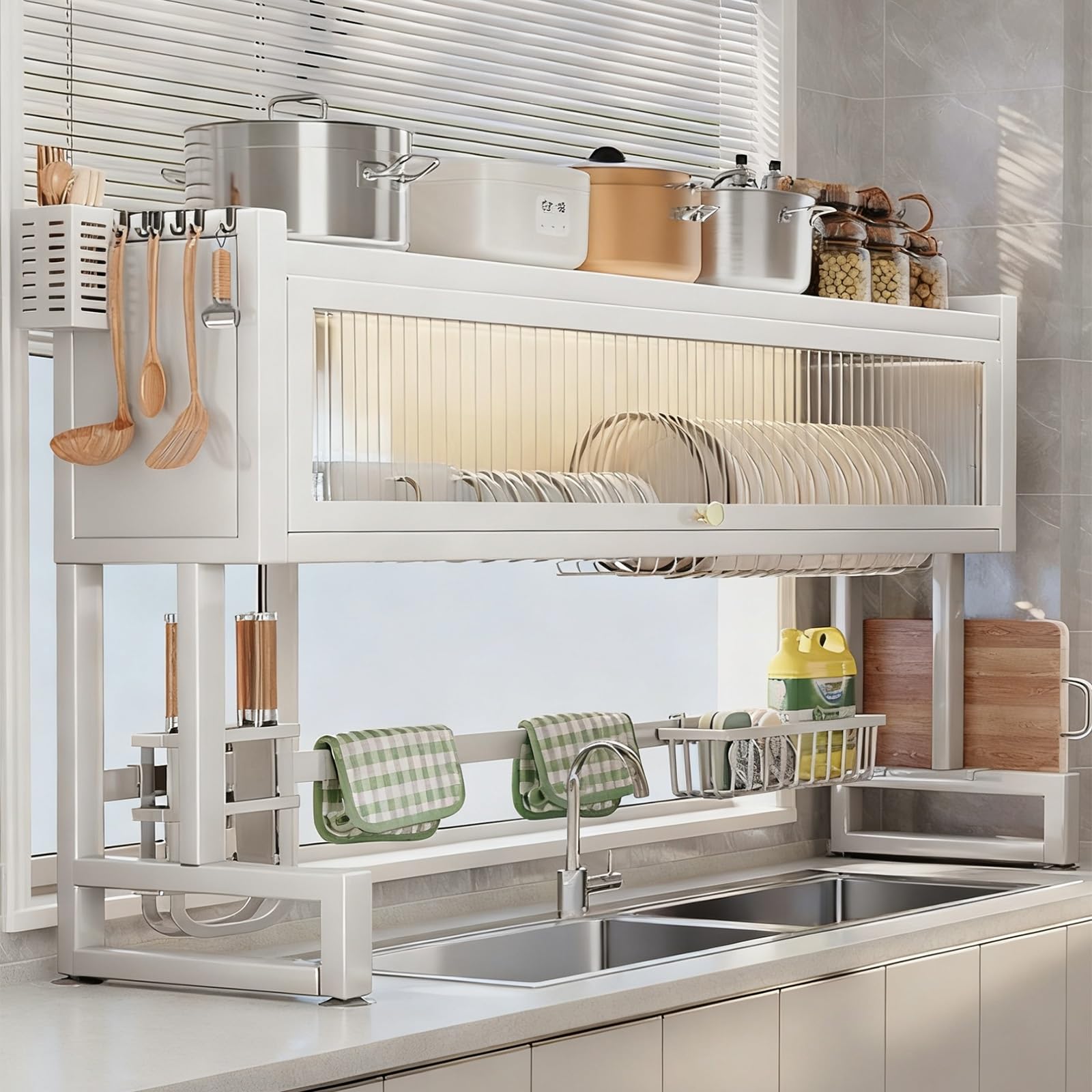 Escurridor de platos sobre el fregadero con puertas abatibles, organizador de fregadero de cocina, encimera, para platos, vasos, cuencos, cubiertos, diseño de ahorro de espacio