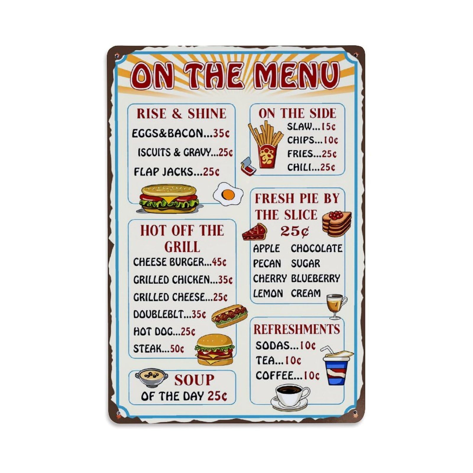 Enderetf Vintage Retro Diner Menu Design Pattern Tin Sign Metal Poster, Home Bar Garage Man Cave Cafe Indoor & Outdoor Wall Decoration 8X12inches
