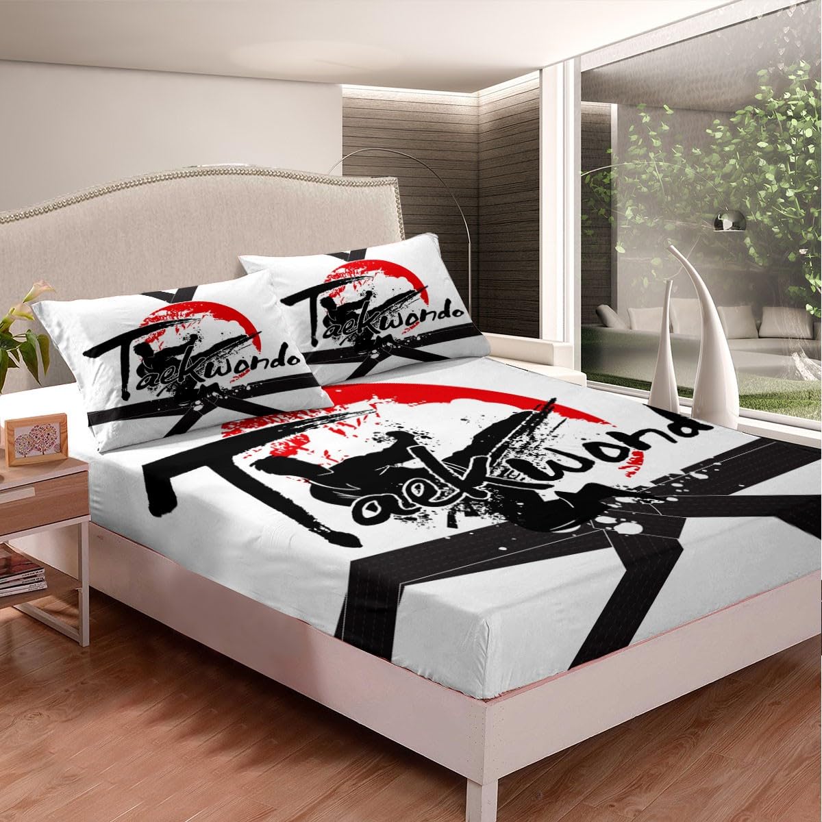 Taekwondo Kids Fitted Sheet Single Size, Sports Theme Bed Cover with 1 Pillowcase - Image 2