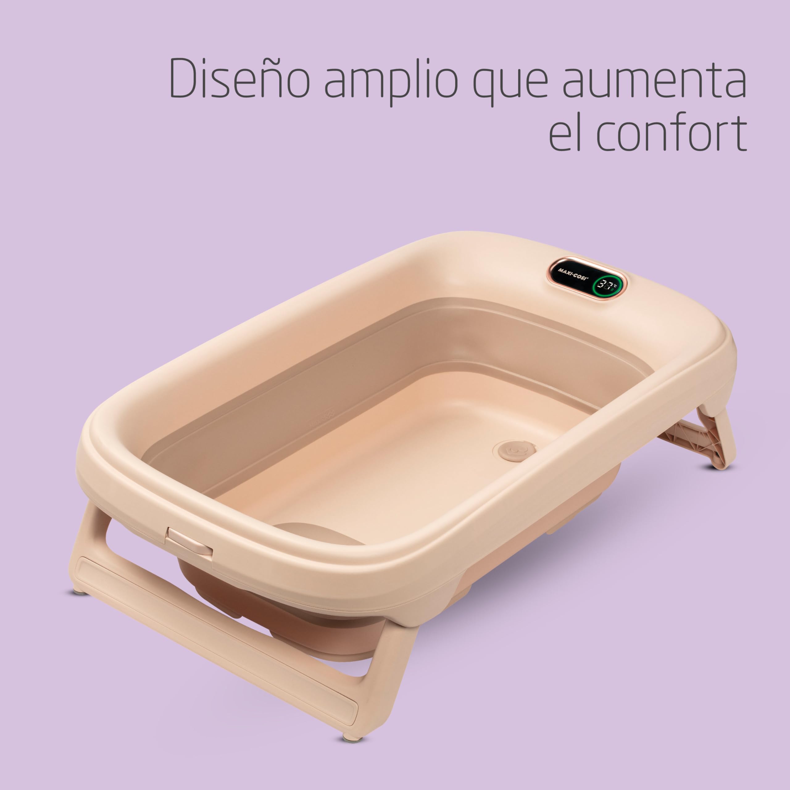 Maxi-Cosi Indigo Bañera Bebé Plegable, 0-4 Años, Bañera Niño Pequeño Espaciosa, Termómetro HighSense Integrado, Antideslizante, Gancho para Colgar Retráctil, Plegado Plano, Muted Terra