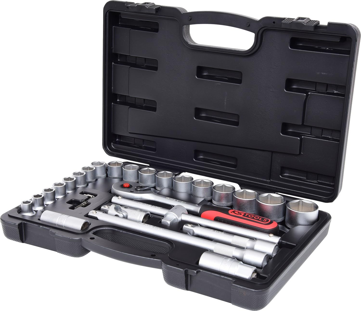 KS Tools 917.0728 1/2 CLASSIC Steckschlüssel-Satz, 28-teilig, Sechskant, FlankTraction-Profil, matt satiniert, Chrom Vanadium, Stecknuss, Sechskant-Stecknuss, Verlängerung, Innensechskant-Winkelstiftschlüssel, etc. in Kunststoffkoffer 4042146496220 Schwaz Grau Rot