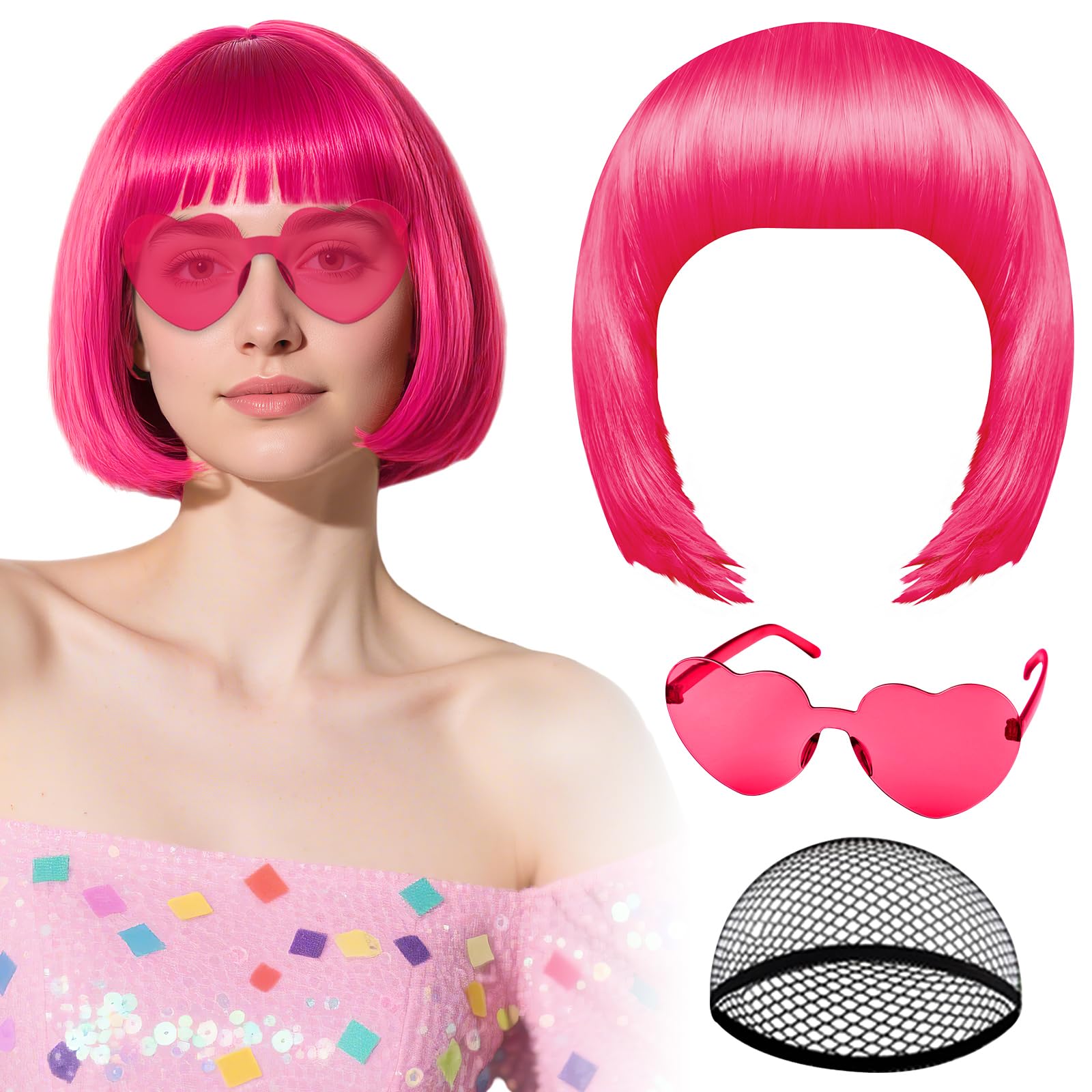 PLULON Hot Pink Bob Wig with Heart Sunglasses and Hair Cap Colorful Short Bob Wigs Synthetic Party Wigs