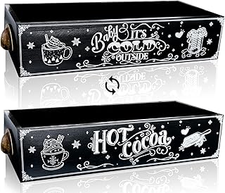 Ushinemi Hot Cocoa Bar Wood Storage Box, Cute Christmas Wooden Storage Bins Decorative, Hot Cocoa Bar Supplies Table Organizer Xmas Decor for Home Kitchen Office Farmhouse, Black