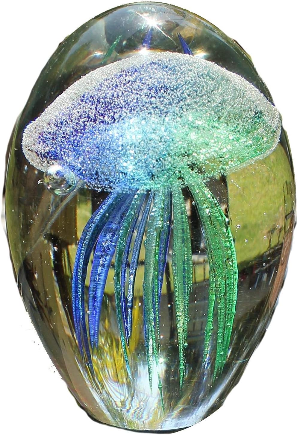 Sunrise Crystal Hand Blown Glass Art Jellyfish Paperweight, Glow in The Dark (4.5", Dark Blue & Green)