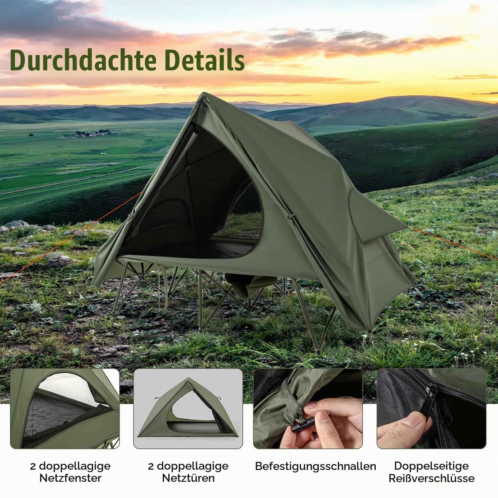 HOMASIS Campingzelt mit Feldbett für 2 Personen, Campingbett mit Sonnendach & Regenschutz, Zelt mit 2 Türen, Fenster & Rolltasche, Campingliege mit Metallrahmen, 300 kg Tragkraft, Grün