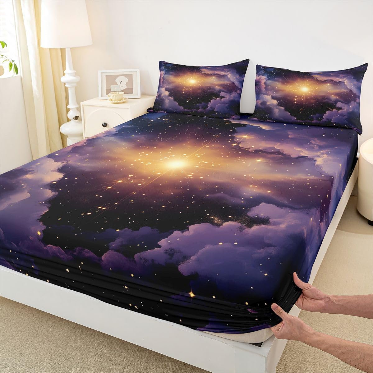 Outer Space Sheet Set Queen Size Kids Galaxy Universe Sheets with Deep Pocket Fitted Sheet for Boys Girls Teens Starry Space Outer Sky Bed Sheets Set Breathable Universe Cloud Bedding Set Room Decor