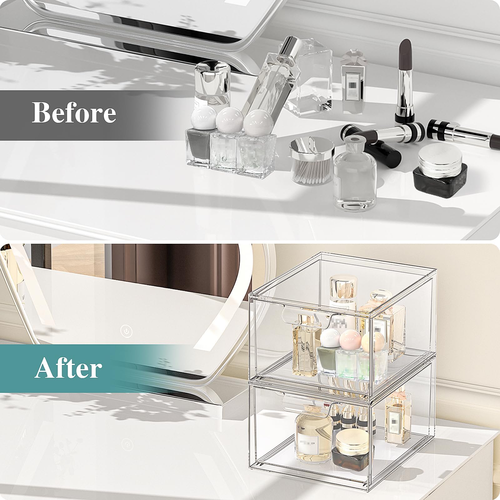 SpaceHacks Lot de 6 organiseurs de maquillage empilables et de rangement, organiseurs en acrylique, tiroir de rangement en plastique transparent avec poignées coulissantes pour coiffeuse, sous-évier,