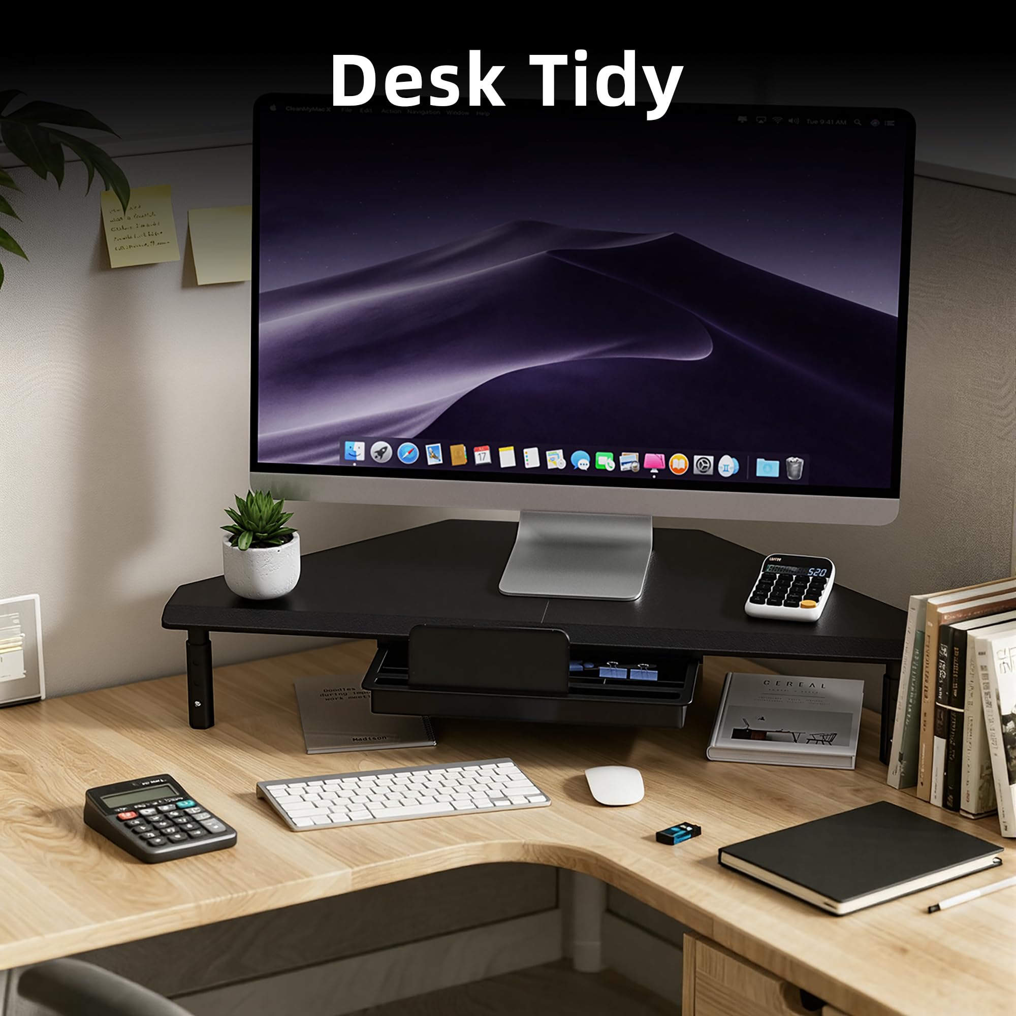 ETHU Supporto triangolare per monitor con cassetto, regolabile in altezza, per PC/laptop, supporto ergonomico per computer desktop, supporta 20 kg, nero