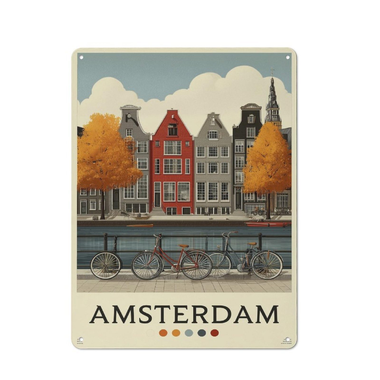 Junmoney Amsterdam Canals & Bikes Vintage Metal Plaque 40X30cm For Dining Room Or Kitchen, For Home Decor Collectors Refreshing A Room In Autumn
